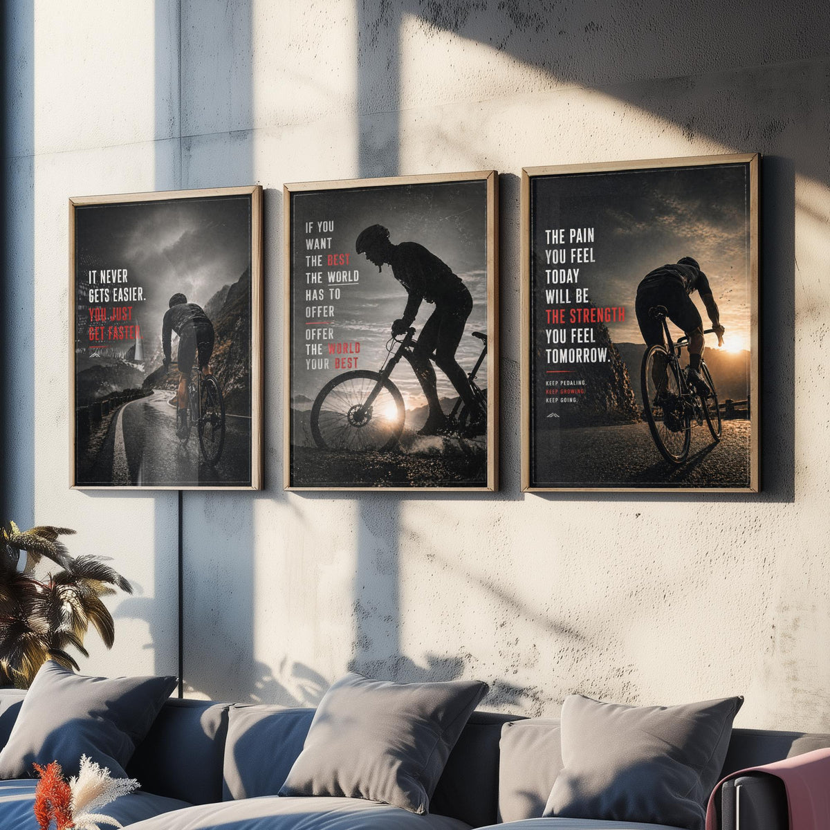 Cycling Motivation Set of Three Prints - 3 Inspirational Quote Posters - Road Cyclist Photo Wall Art Gift Gym Motivational