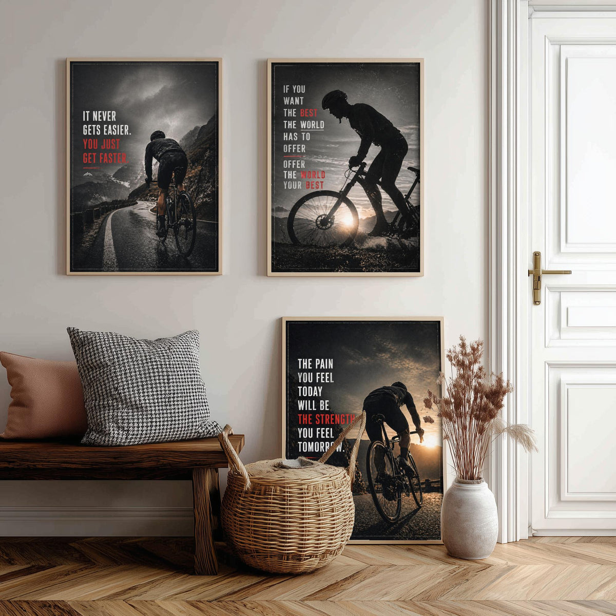 Cycling Motivation Set of Three Prints - 3 Inspirational Quote Posters - Road Cyclist Photo Wall Art Gift Gym Motivational