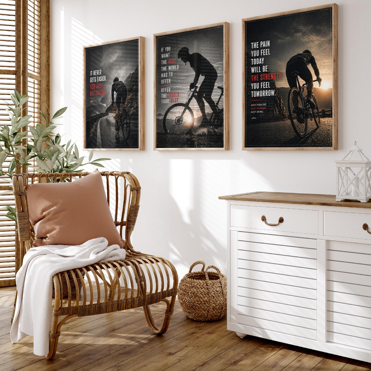 Cycling Motivation Set of Three Prints - 3 Inspirational Quote Posters - Road Cyclist Photo Wall Art Gift Gym Motivational