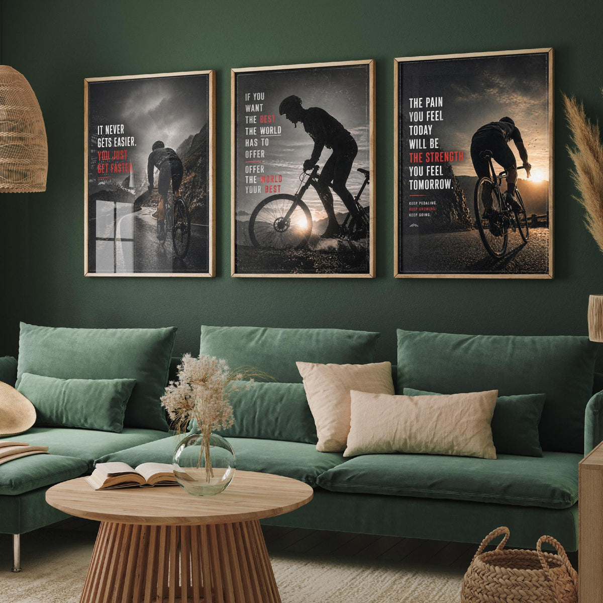 Cycling Motivation Set of Three Prints - 3 Inspirational Quote Posters - Road Cyclist Photo Wall Art Gift Gym Motivational