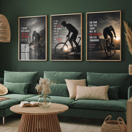 Cycling Motivation Set of Three Prints - 3 Inspirational Quote Posters - Road Cyclist Photo Wall Art Gift Gym Motivational