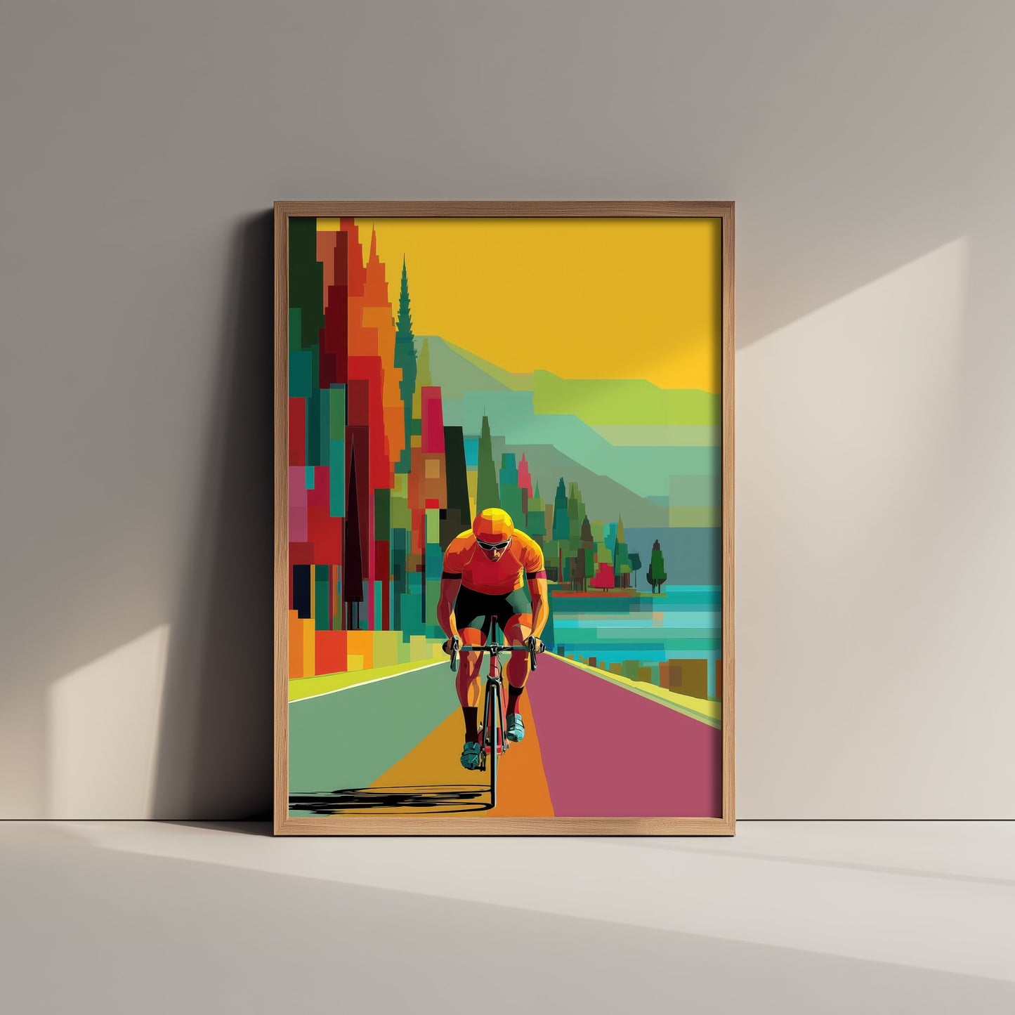 Pixel Cycling Art Print - Lakeside Road Cyclist Poster - Colourful Geometric Illustration - Cycling Scene 1/3