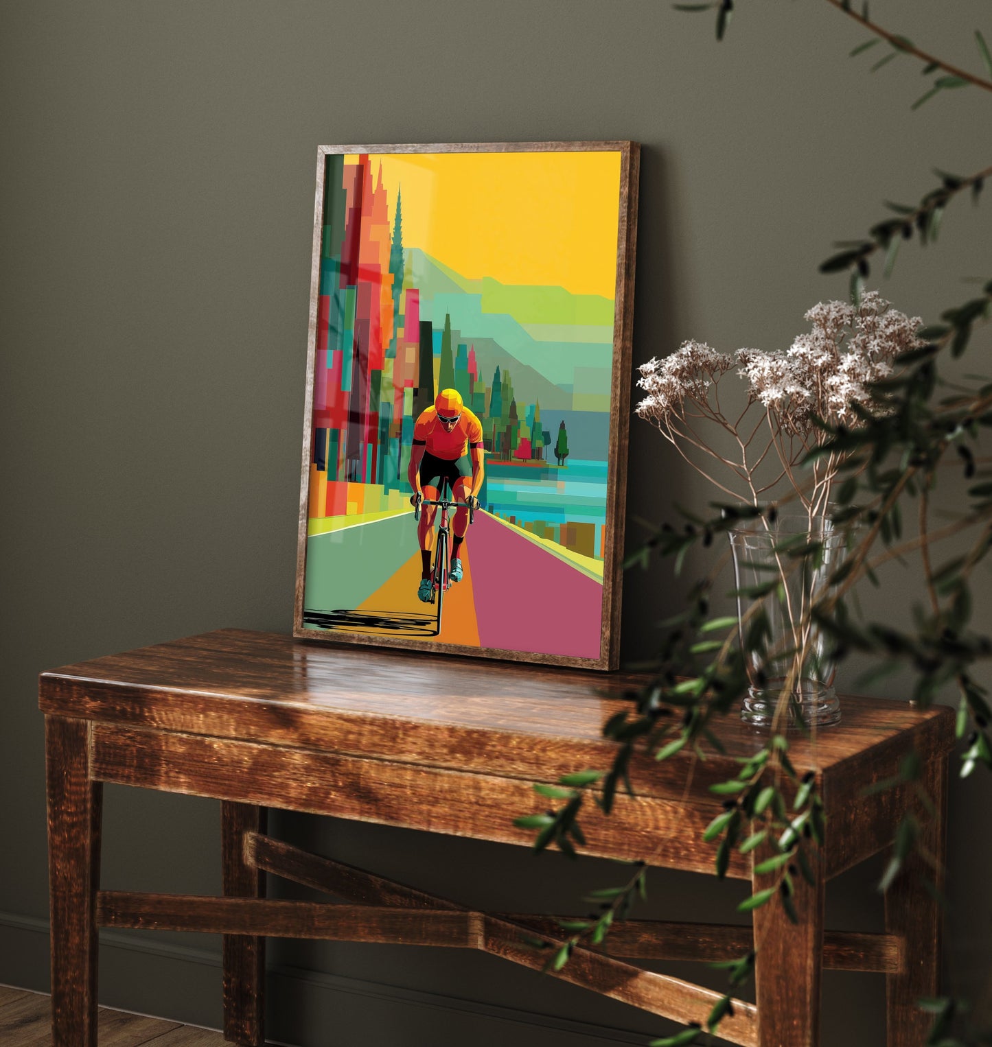 Pixel Cycling Art Print - Lakeside Road Cyclist Poster - Colourful Geometric Illustration - Cycling Scene 1/3