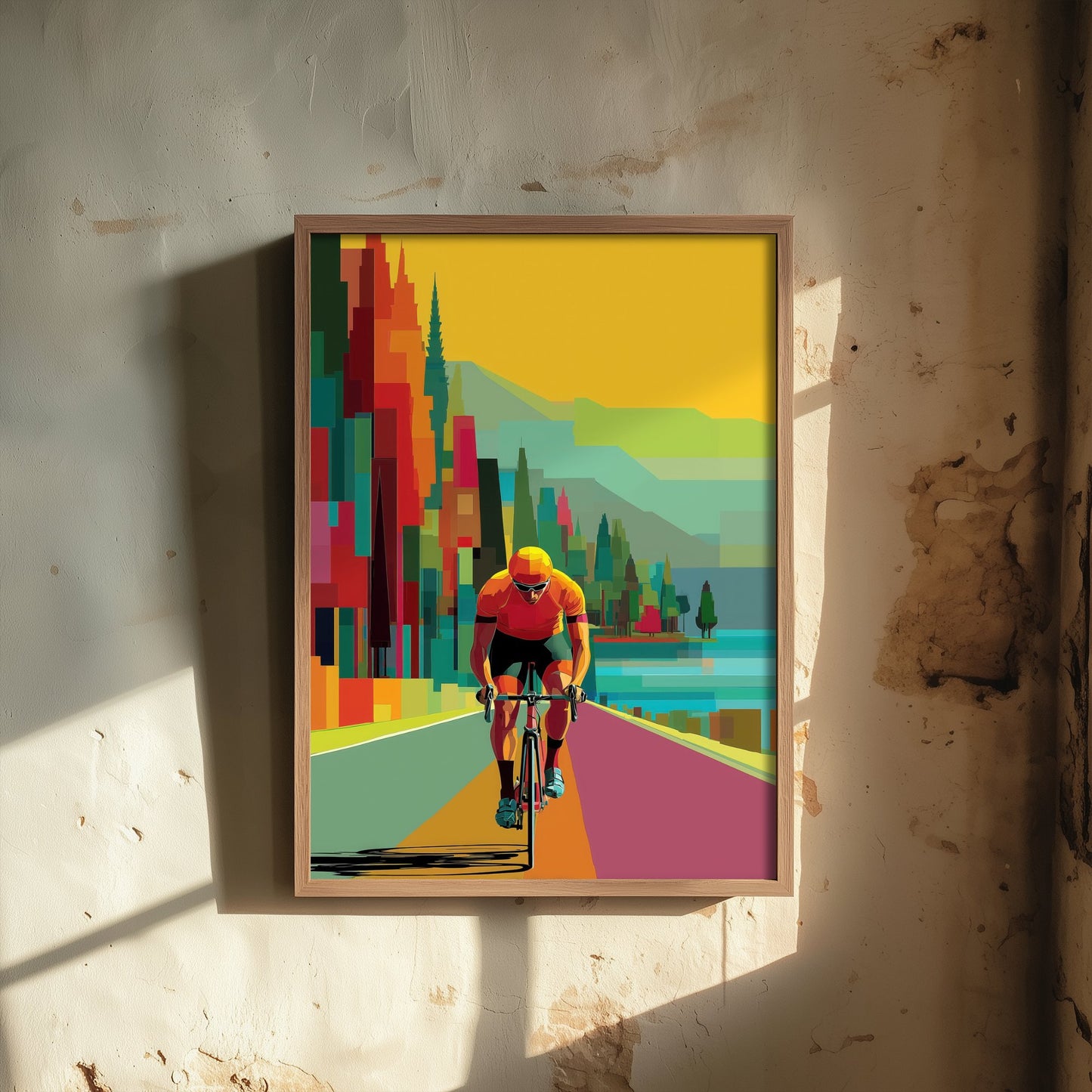 Pixel Cycling Art Print - Lakeside Road Cyclist Poster - Colourful Geometric Illustration - Cycling Scene 1/3