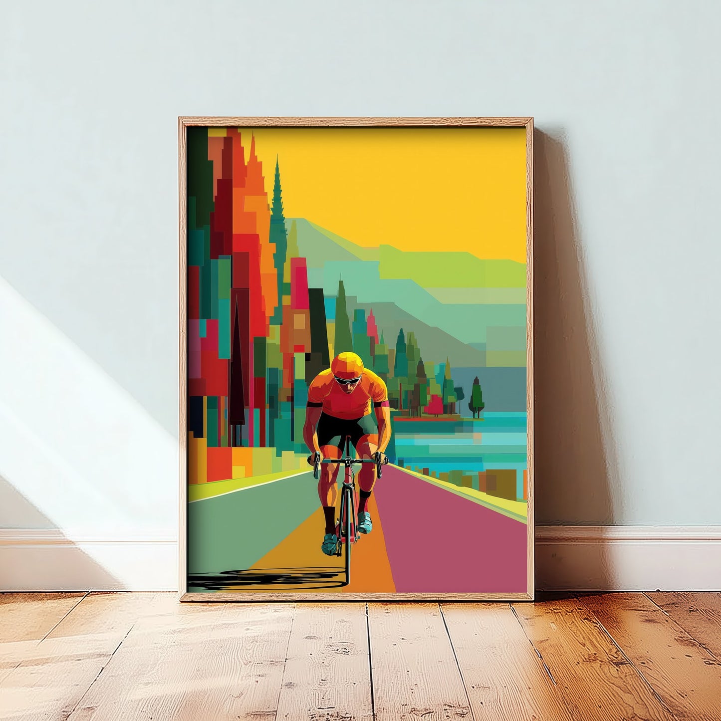 Pixel Cycling Art Print - Lakeside Road Cyclist Poster - Colourful Geometric Illustration - Cycling Scene 1/3