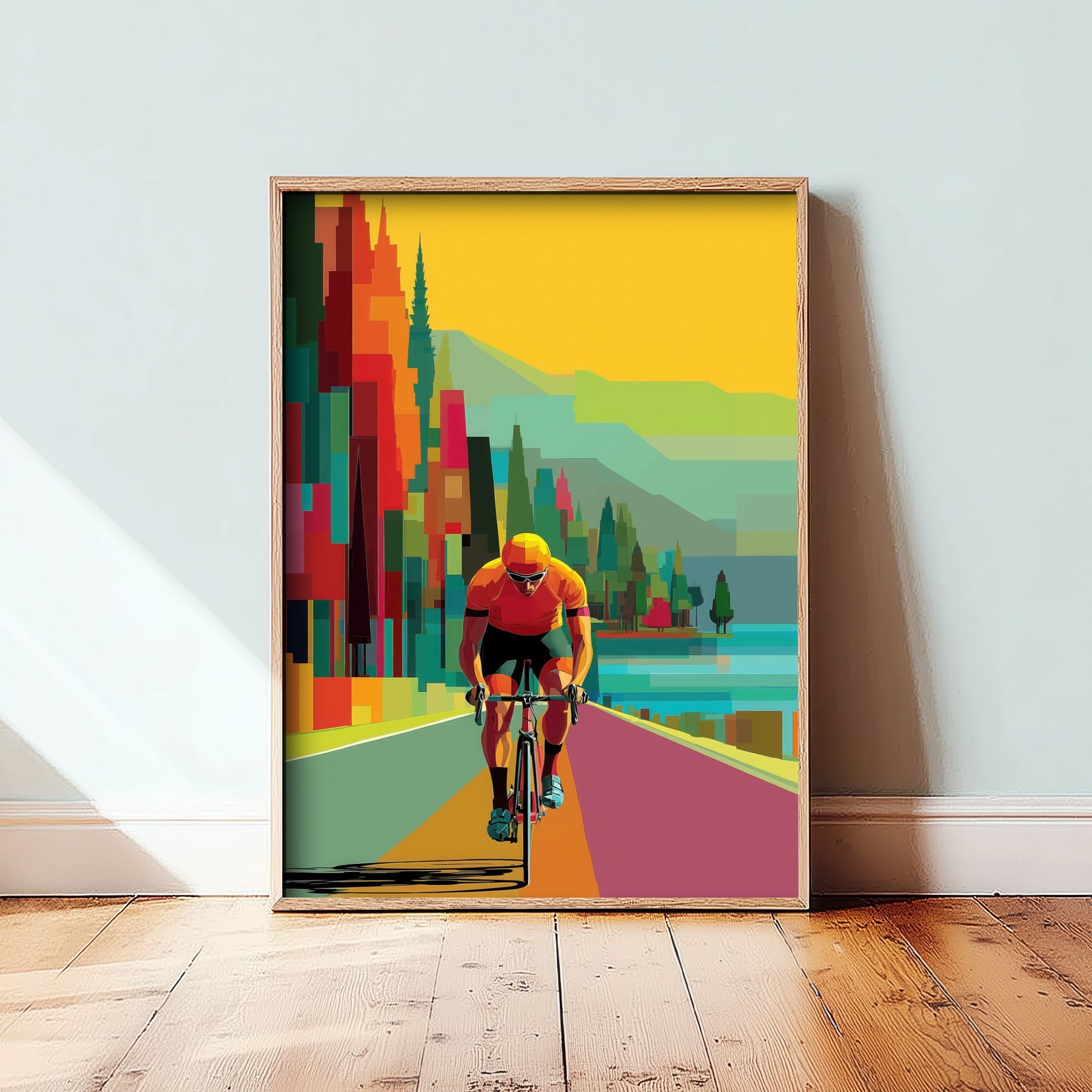 Pixel Cycling Art Print - Lakeside Road Cyclist Poster - Colourful Geometric Illustration - Cycling Scene 1/3