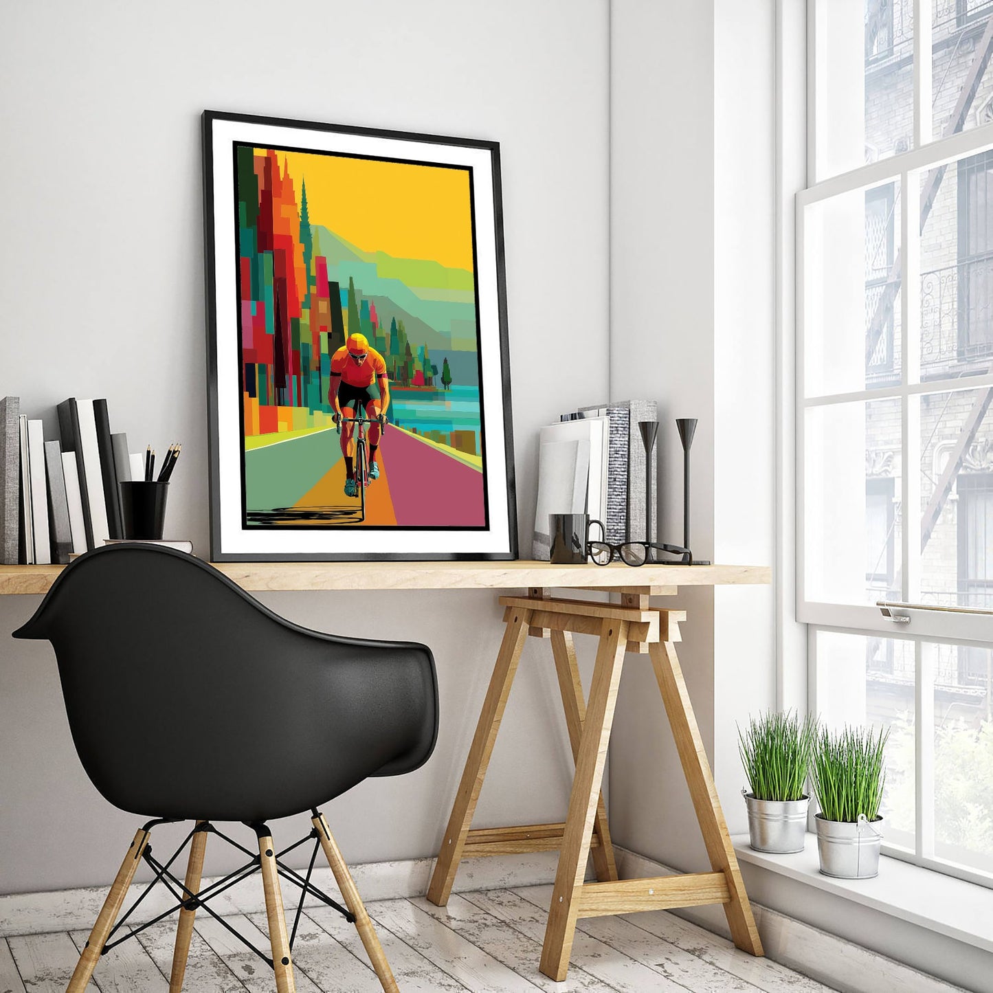Pixel Cycling Art Print - Lakeside Road Cyclist Poster - Colourful Geometric Illustration - Cycling Scene 1/3