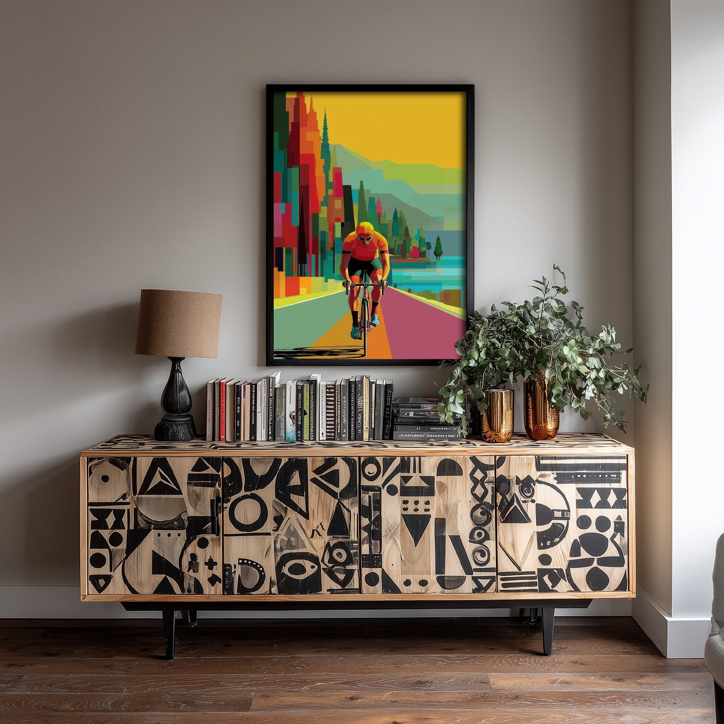 Pixel Cycling Art Print - Lakeside Road Cyclist Poster - Colourful Geometric Illustration - Cycling Scene 1/3
