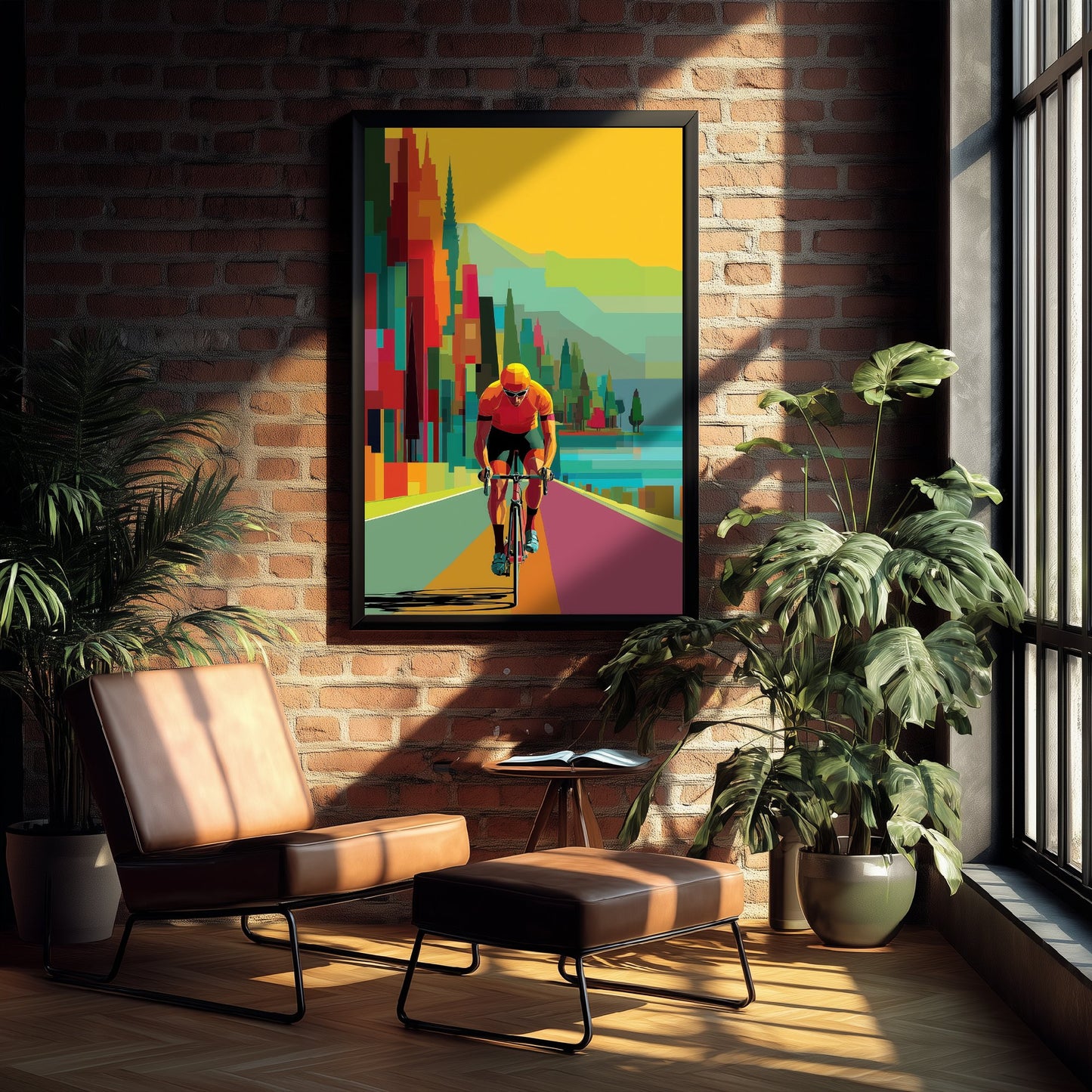 Pixel Cycling Art Print - Lakeside Road Cyclist Poster - Colourful Geometric Illustration - Cycling Scene 1/3