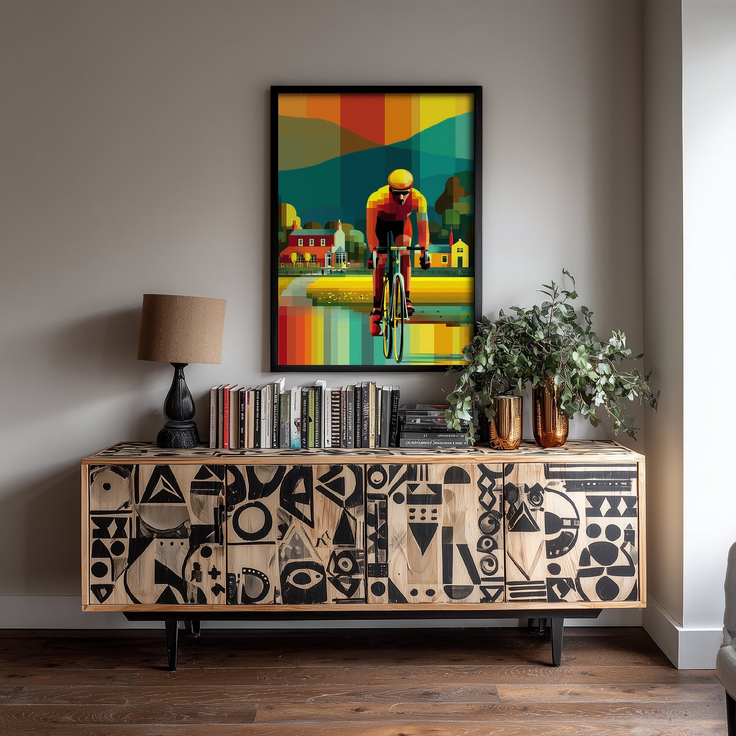 Pixel Cycling Art Print - Village Lake Cyclist Poster - Colourful Geometric Illustration - Cycling View 3/3