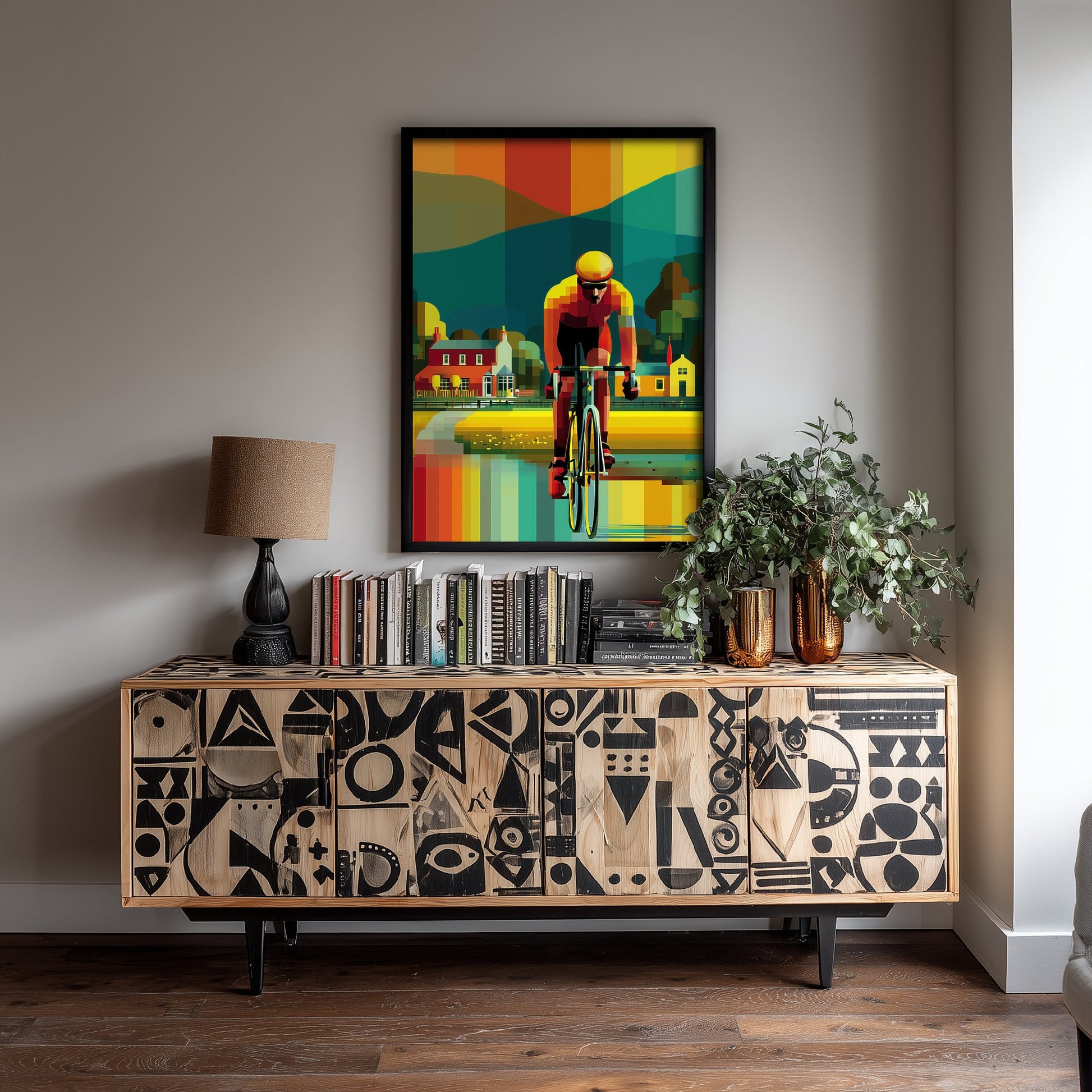 Pixel Cycling Art Print - Village Lake Cyclist Poster - Colourful Geometric Illustration - Cycling View 3/3