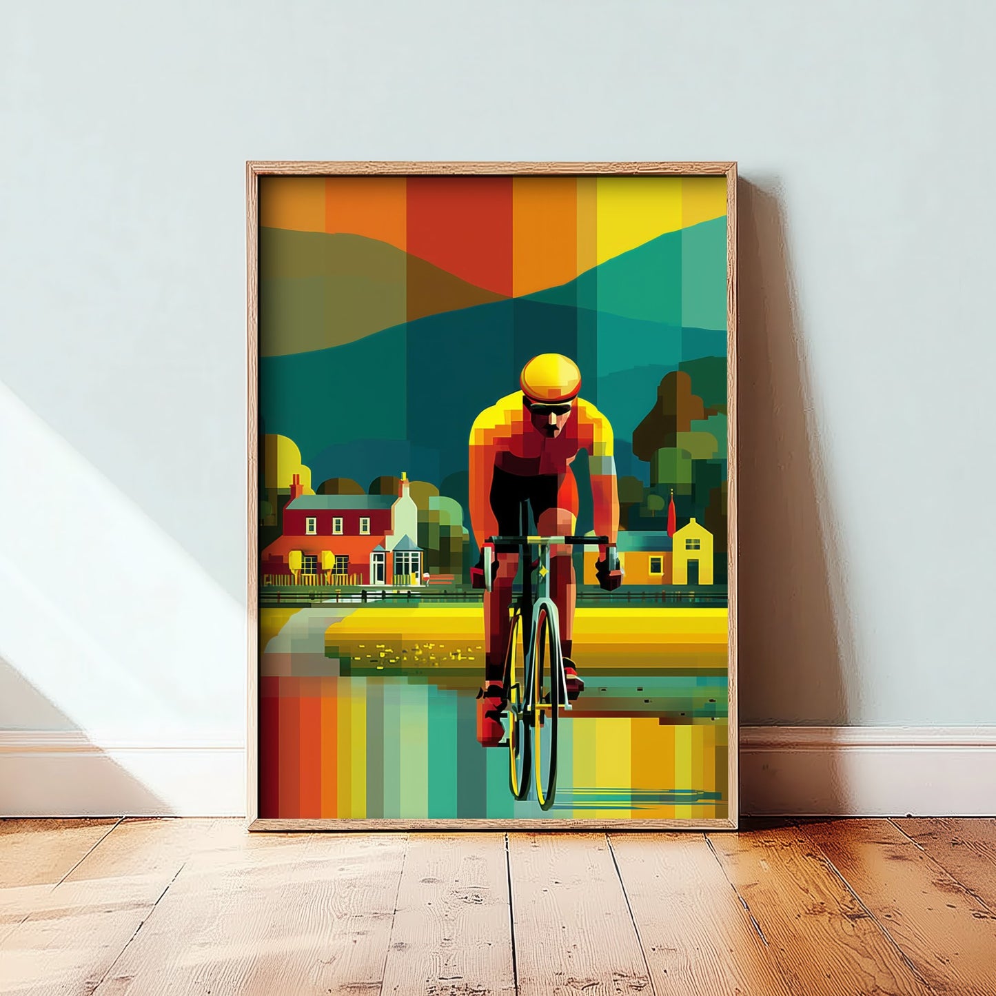 Pixel Cycling Art Print - Village Lake Cyclist Poster - Colourful Geometric Illustration - Cycling View 3/3
