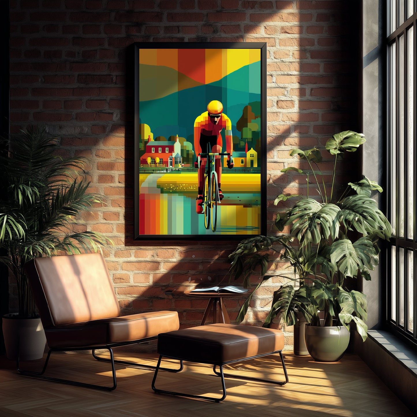 Pixel Cycling Art Print - Village Lake Cyclist Poster - Colourful Geometric Illustration - Cycling View 3/3