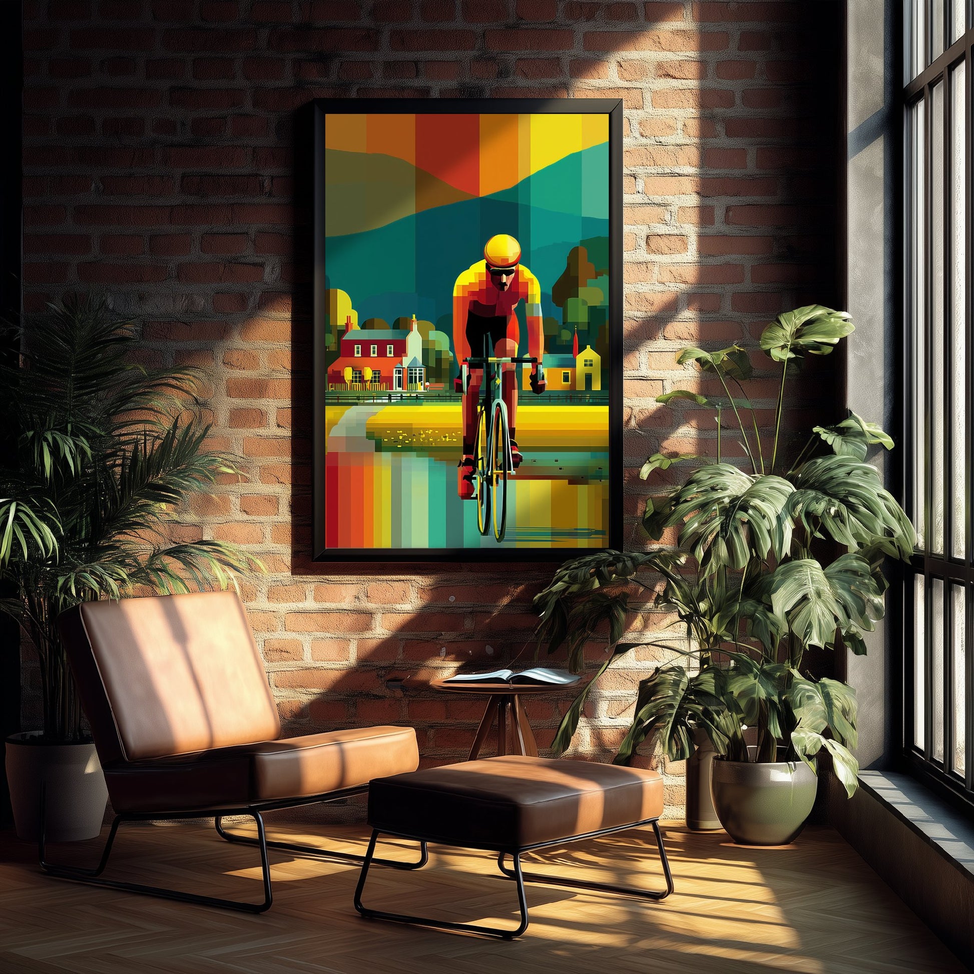Pixel Cycling Art Print - Village Lake Cyclist Poster - Colourful Geometric Illustration - Cycling View 3/3