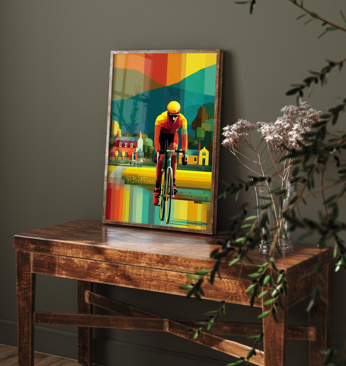 Pixel Cycling Art Print - Village Lake Cyclist Poster - Colourful Geometric Illustration - Cycling View 3/3