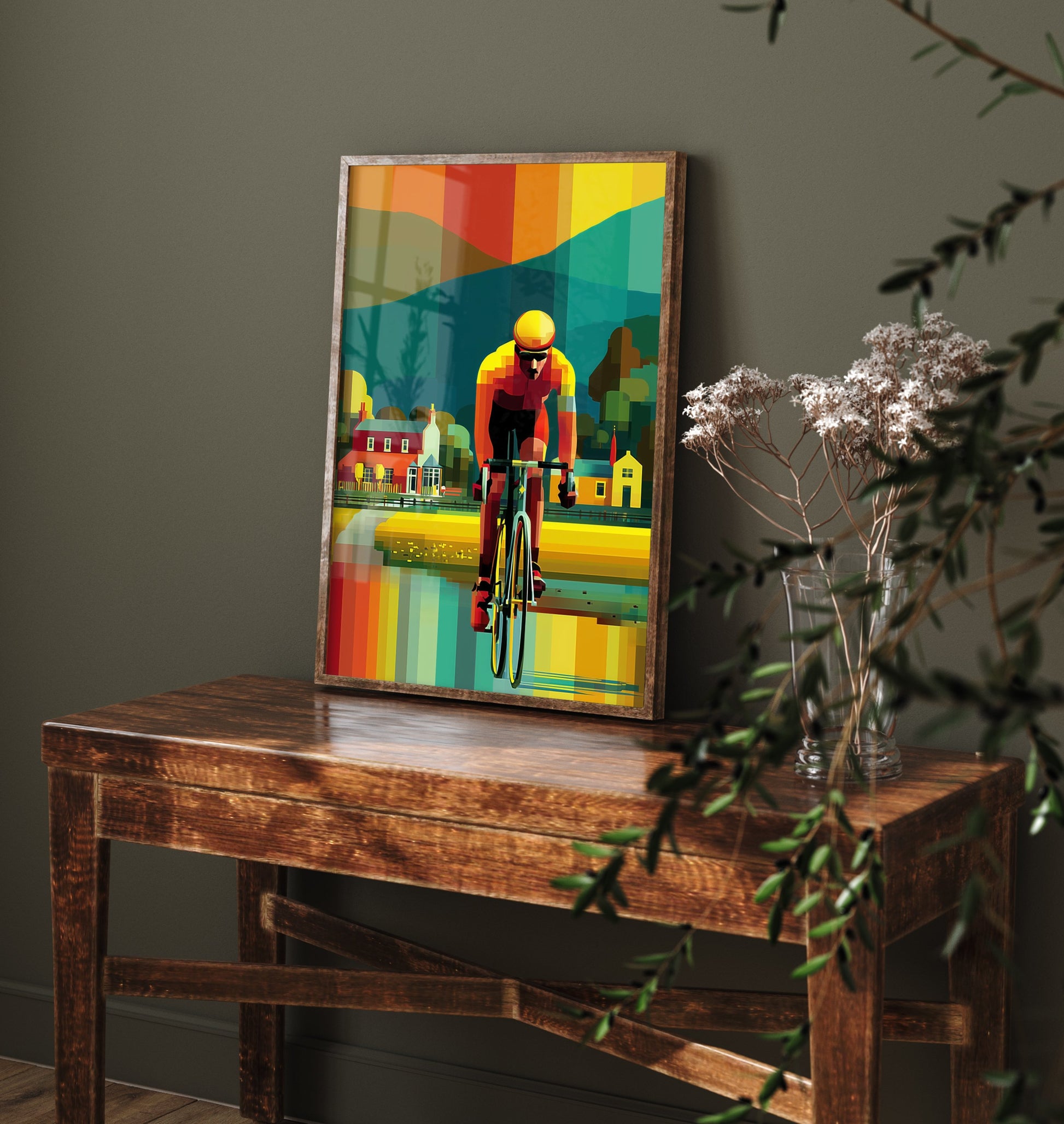 Pixel Cycling Art Print - Village Lake Cyclist Poster - Colourful Geometric Illustration - Cycling View 3/3