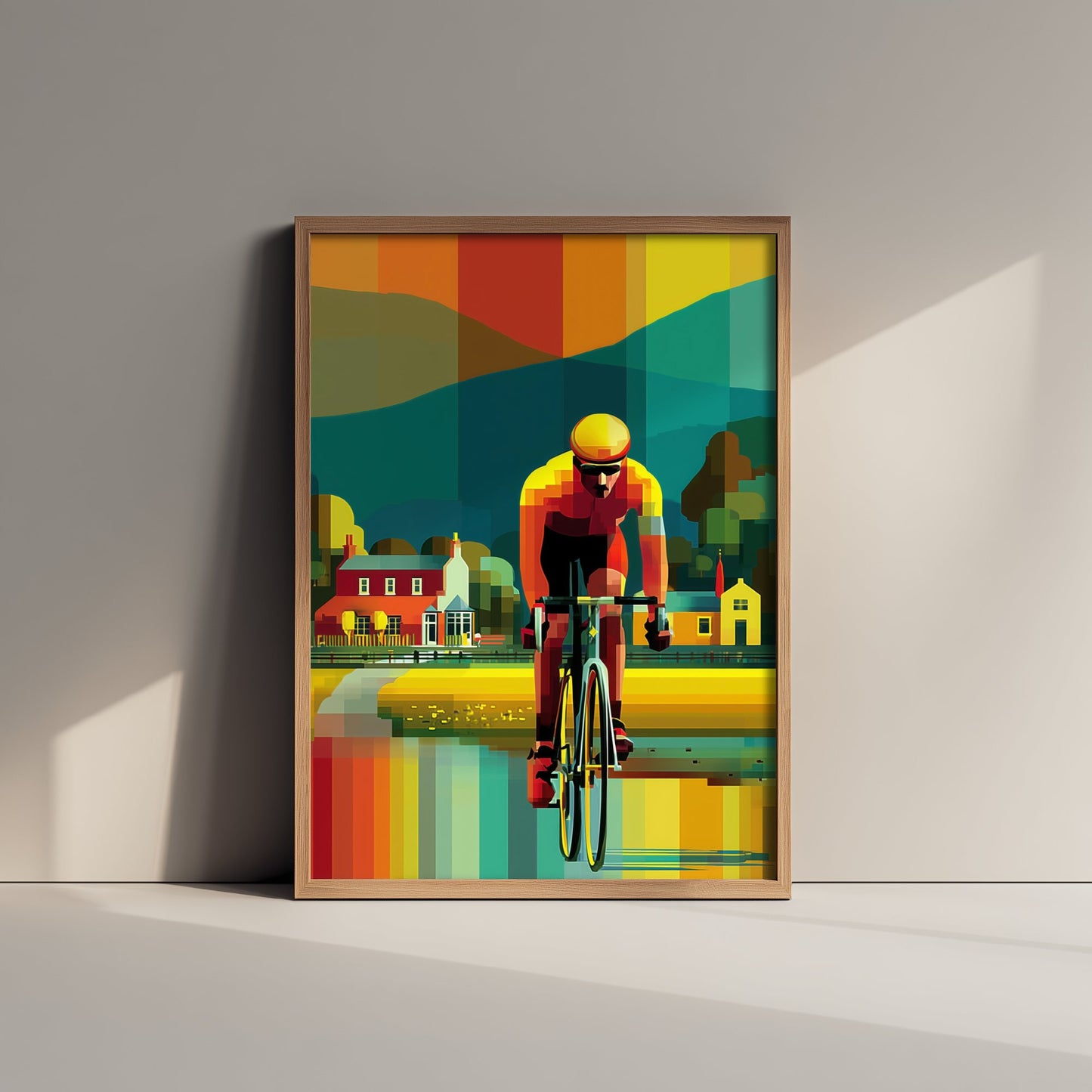 Pixel Cycling Art Print - Village Lake Cyclist Poster - Colourful Geometric Illustration - Cycling View 3/3