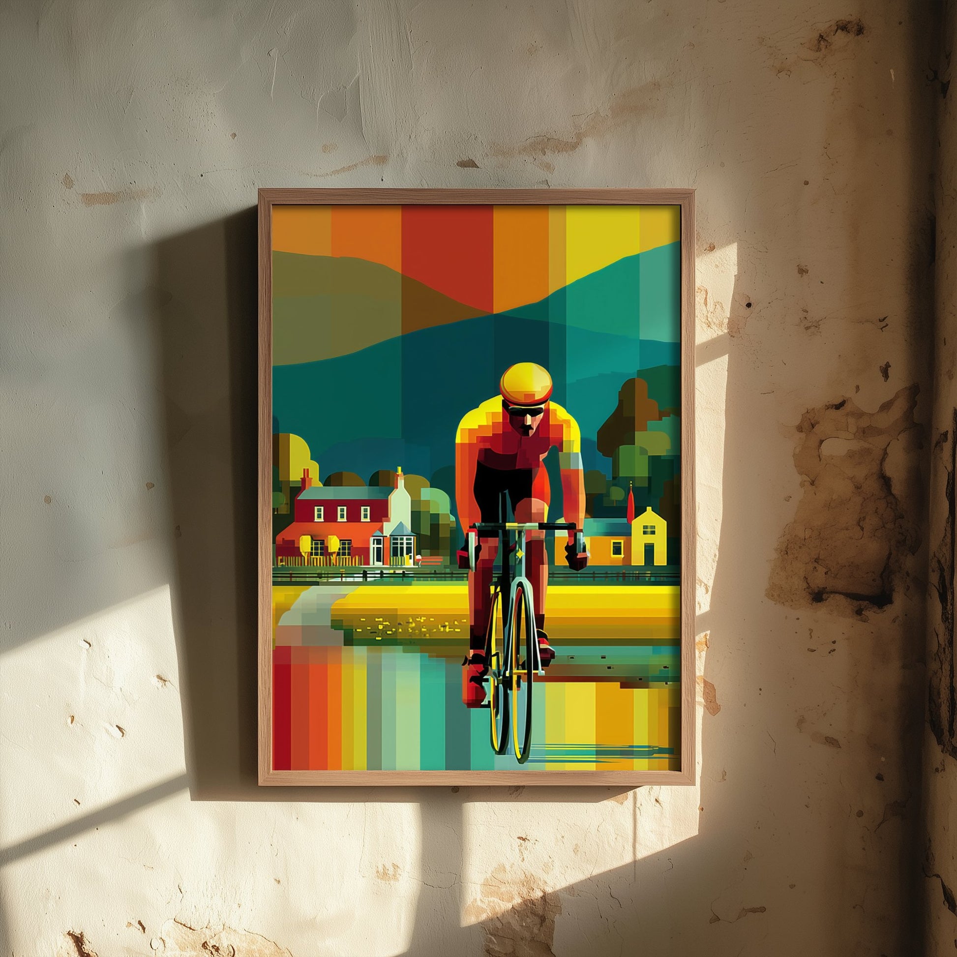 Pixel Cycling Art Print - Village Lake Cyclist Poster - Colourful Geometric Illustration - Cycling View 3/3