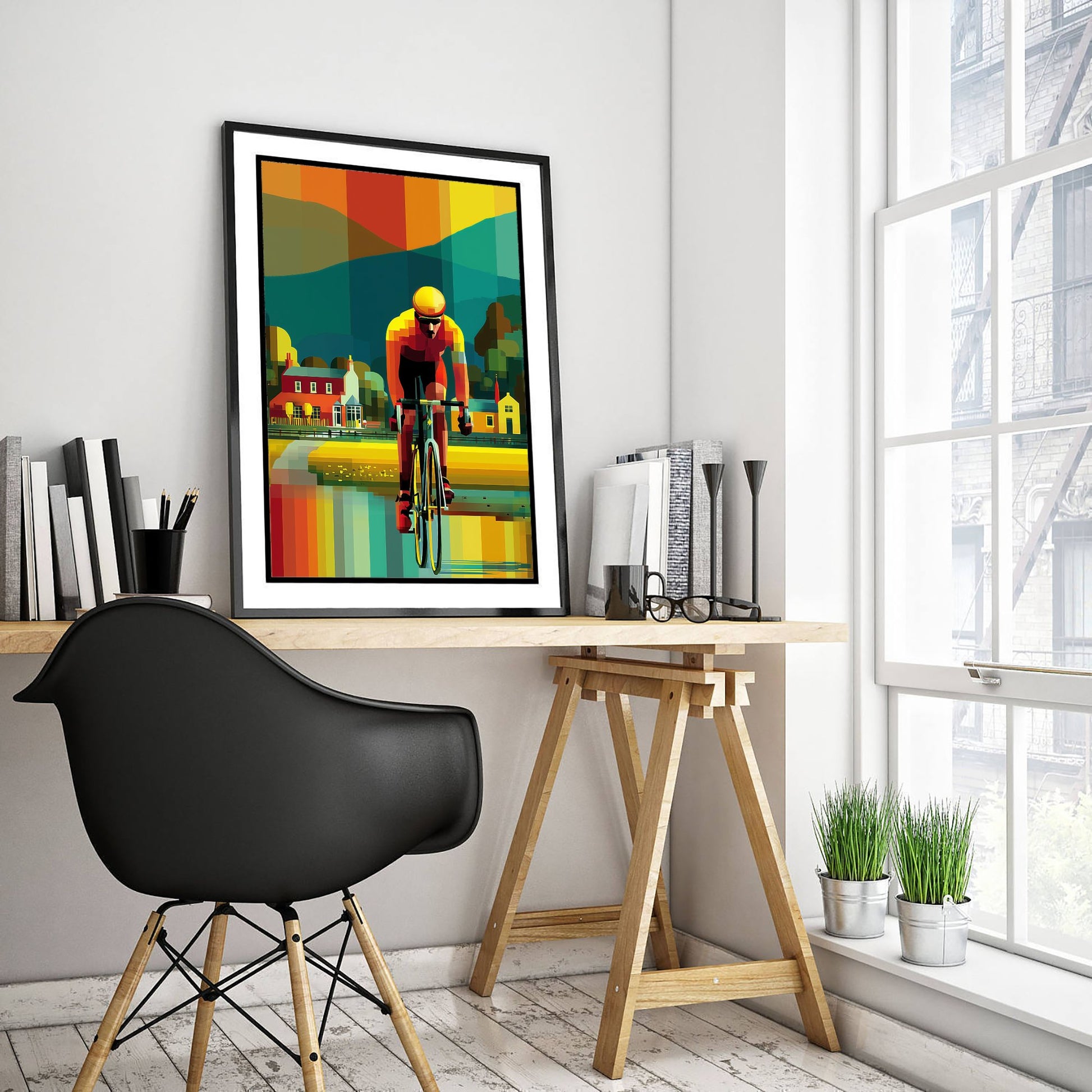 Pixel Cycling Art Print - Village Lake Cyclist Poster - Colourful Geometric Illustration - Cycling View 3/3