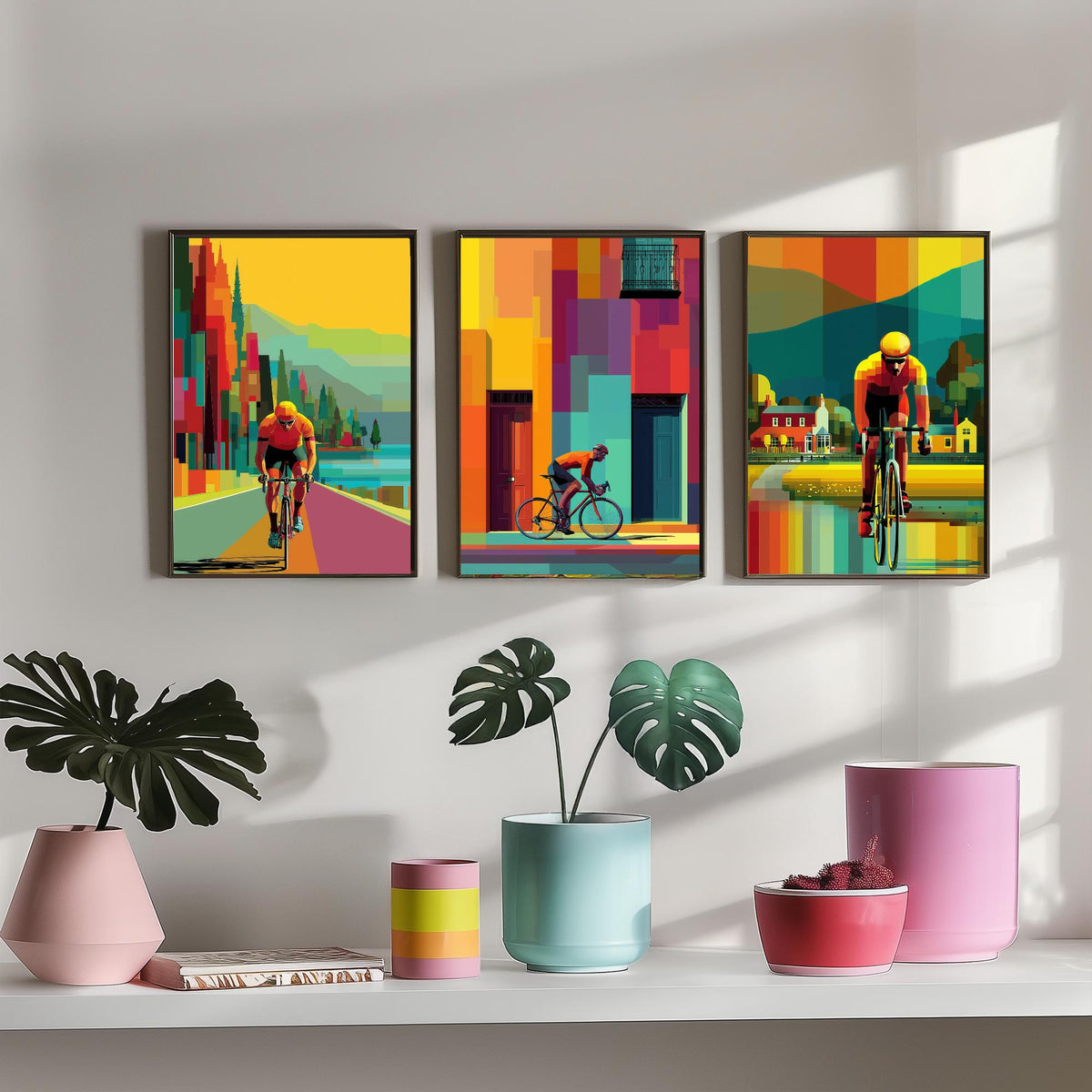Cycling Set of Three Art Prints - 3 Cyclist Posters - Vibrant Geometric Pixel Bike Wall Art Gift Cycling Illustration