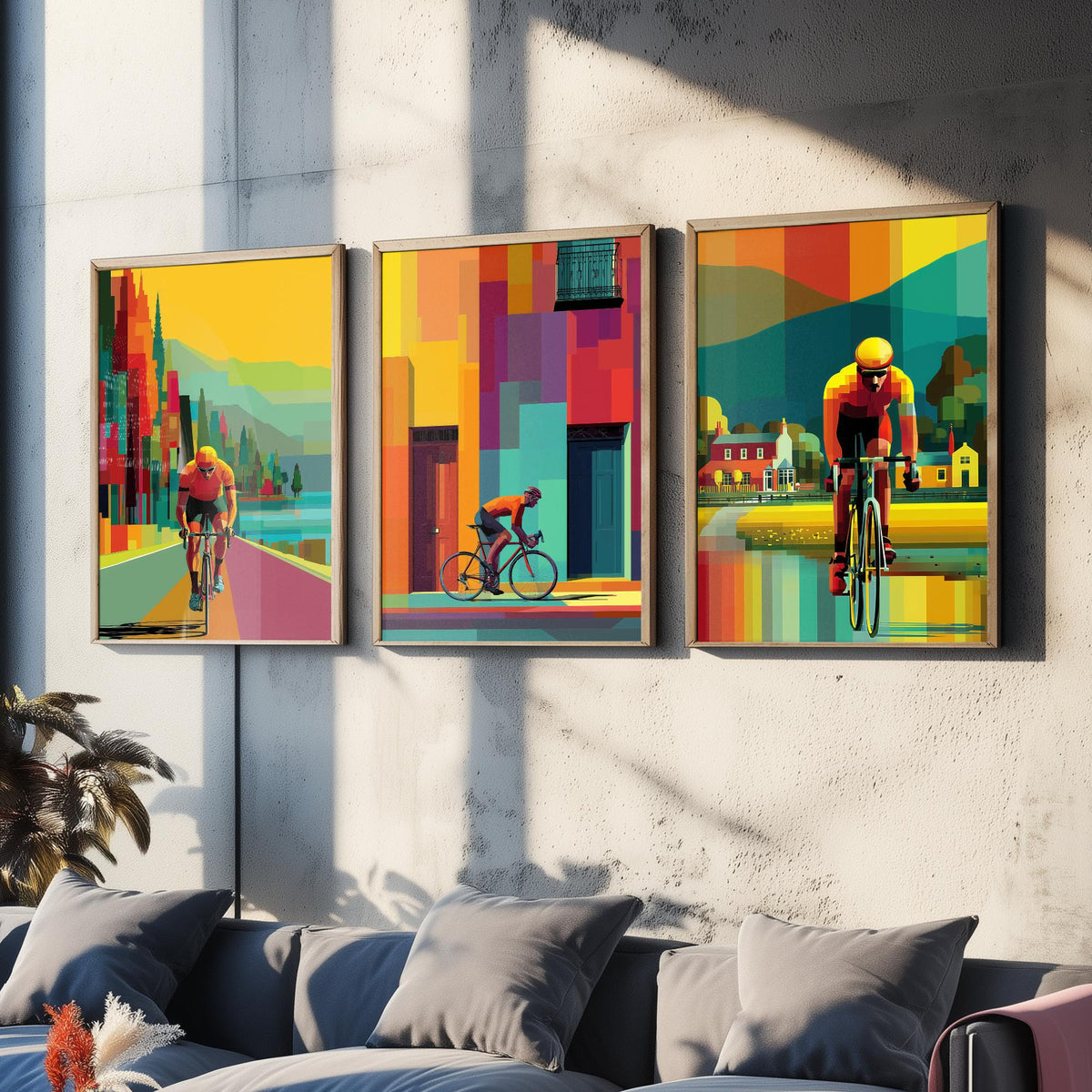Cycling Set of Three Art Prints - 3 Cyclist Posters - Vibrant Geometric Pixel Bike Wall Art Gift Cycling Illustration