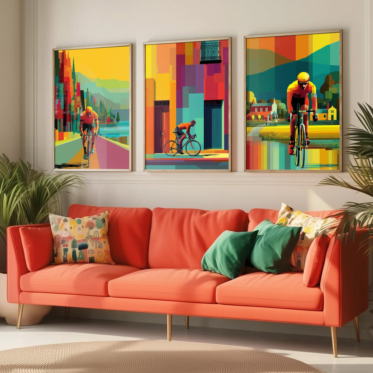 Cycling Set of Three Art Prints - 3 Cyclist Posters - Vibrant Geometric Pixel Bike Wall Art Gift Cycling Illustration