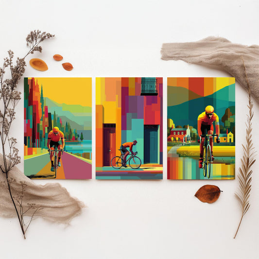 Cycling Set of Three Art Prints - 3 Cyclist Posters - Vibrant Geometric Pixel Bike Wall Art Gift Cycling Illustration