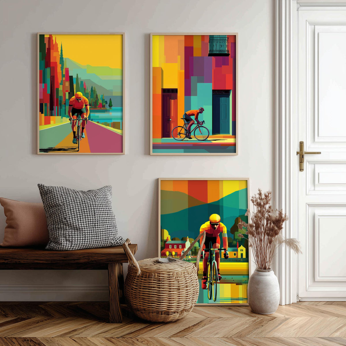 Cycling Set of Three Art Prints - 3 Cyclist Posters - Vibrant Geometric Pixel Bike Wall Art Gift Cycling Illustration