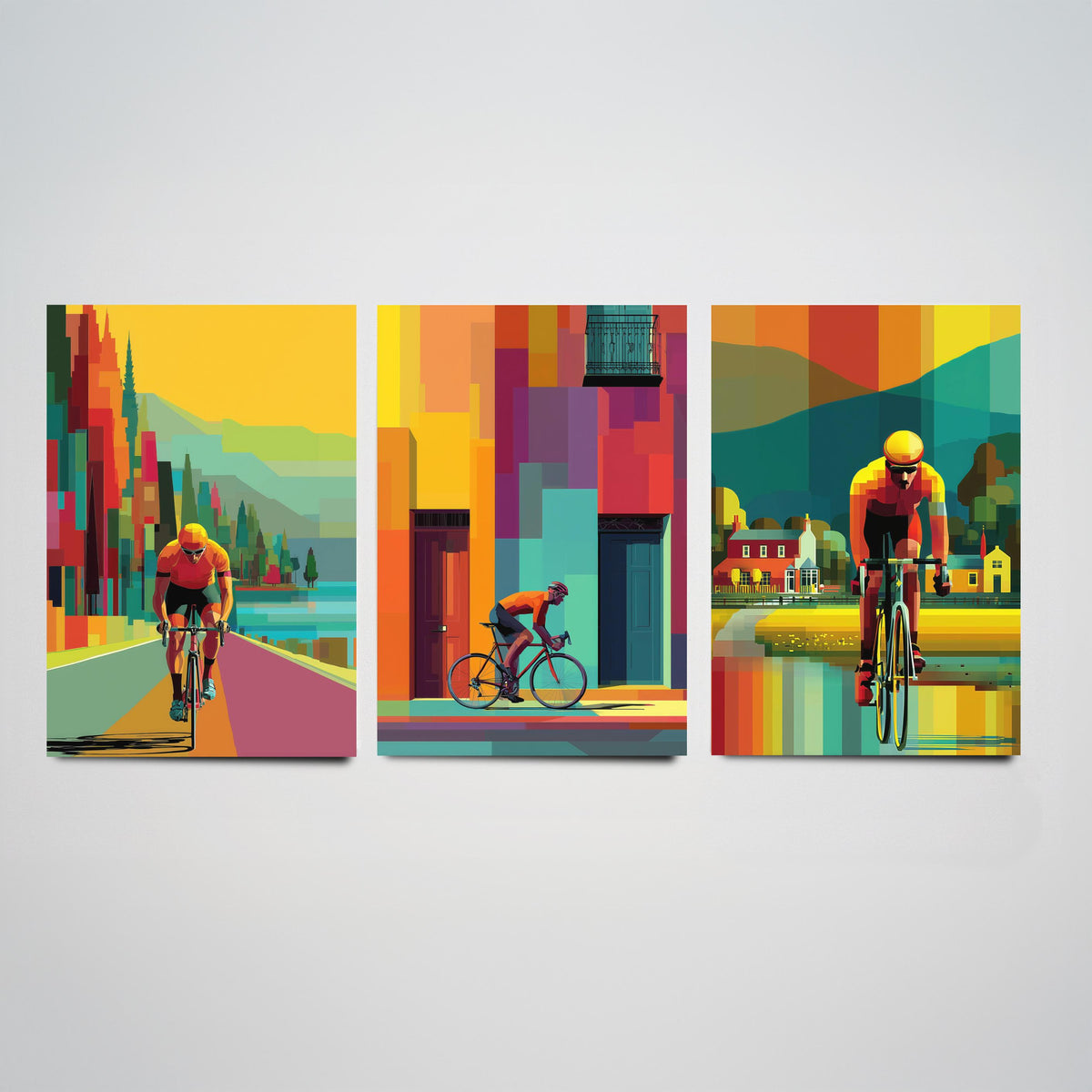 Cycling Set of Three Art Prints - 3 Cyclist Posters - Vibrant Geometric Pixel Bike Wall Art Gift Cycling Illustration