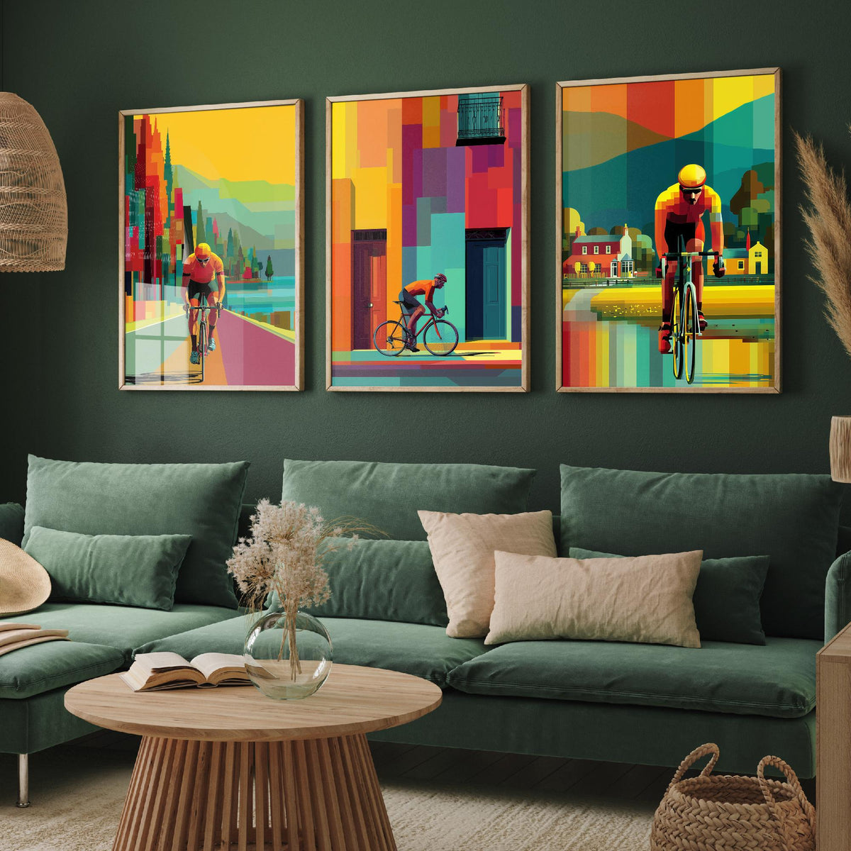 Cycling Set of Three Art Prints - 3 Cyclist Posters - Vibrant Geometric Pixel Bike Wall Art Gift Cycling Illustration