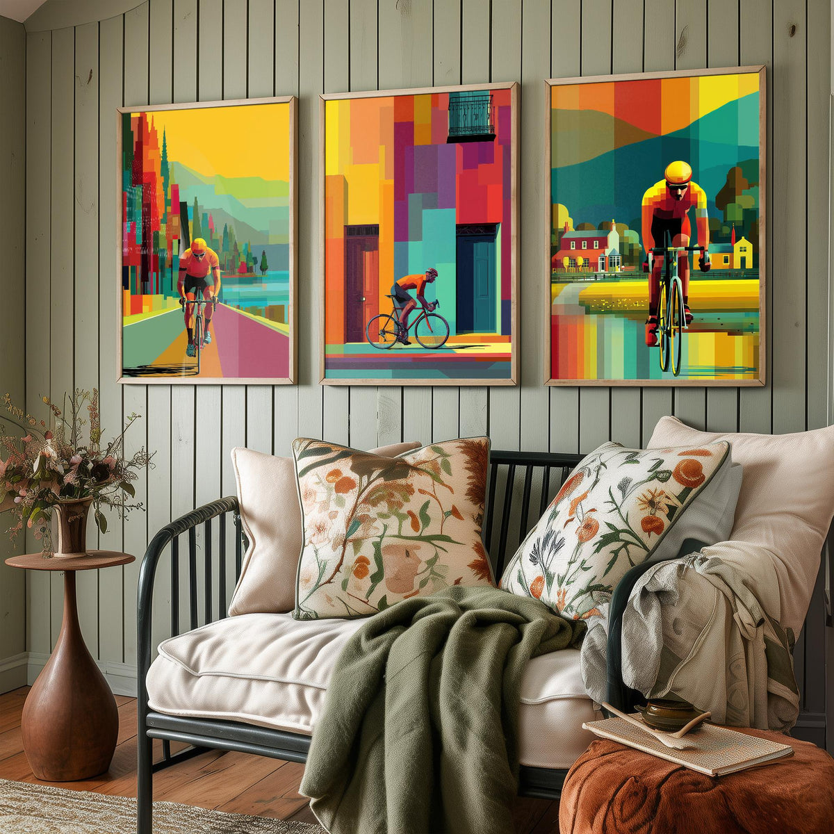 Cycling Set of Three Art Prints - 3 Cyclist Posters - Vibrant Geometric Pixel Bike Wall Art Gift Cycling Illustration