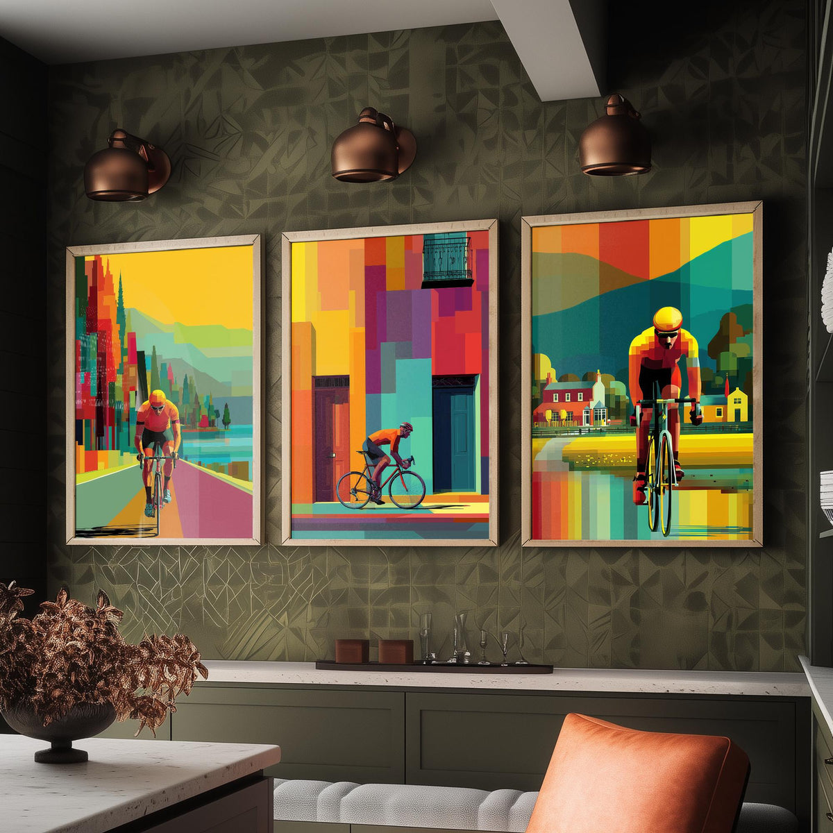 Cycling Set of Three Art Prints - 3 Cyclist Posters - Vibrant Geometric Pixel Bike Wall Art Gift Cycling Illustration