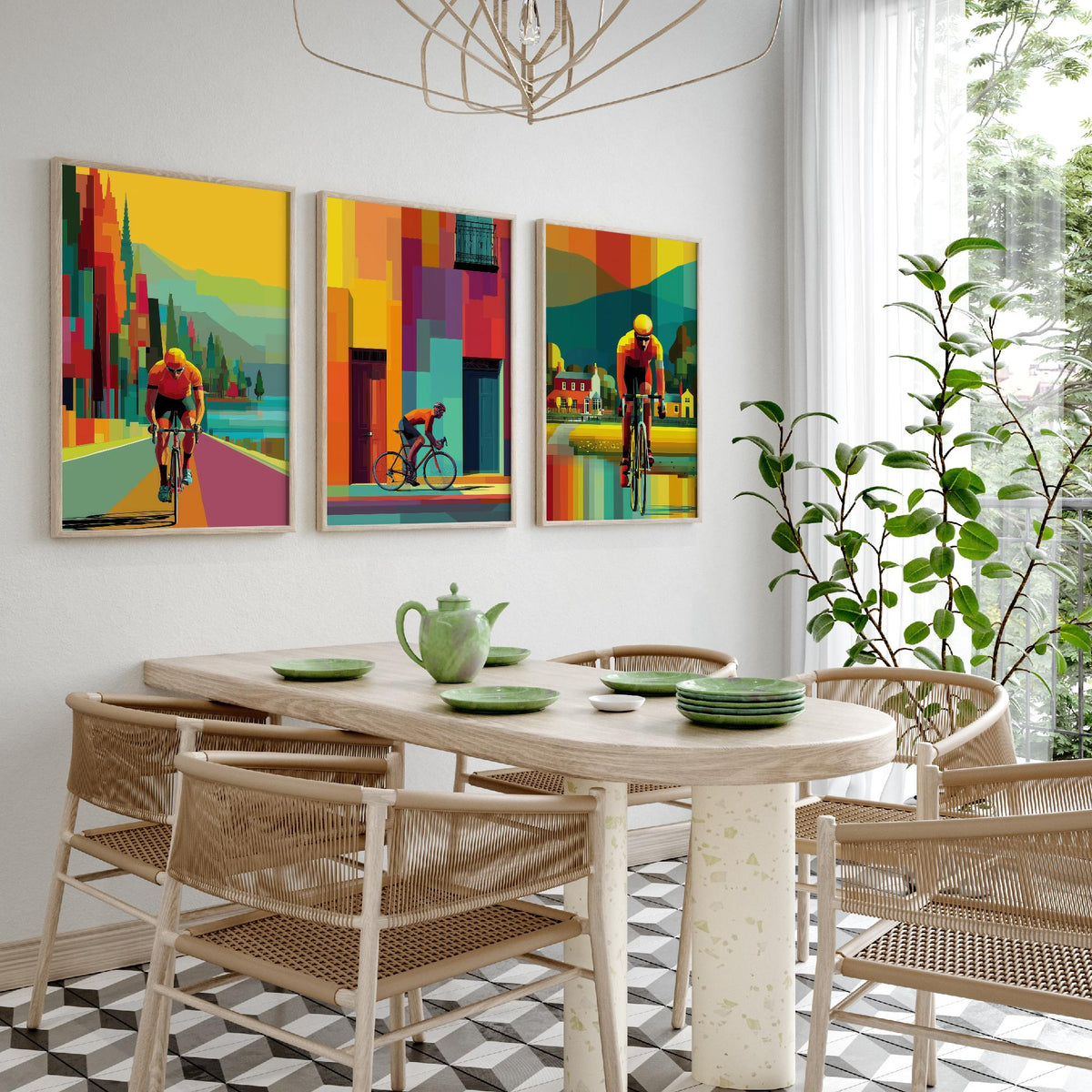 Cycling Set of Three Art Prints - 3 Cyclist Posters - Vibrant Geometric Pixel Bike Wall Art Gift Cycling Illustration