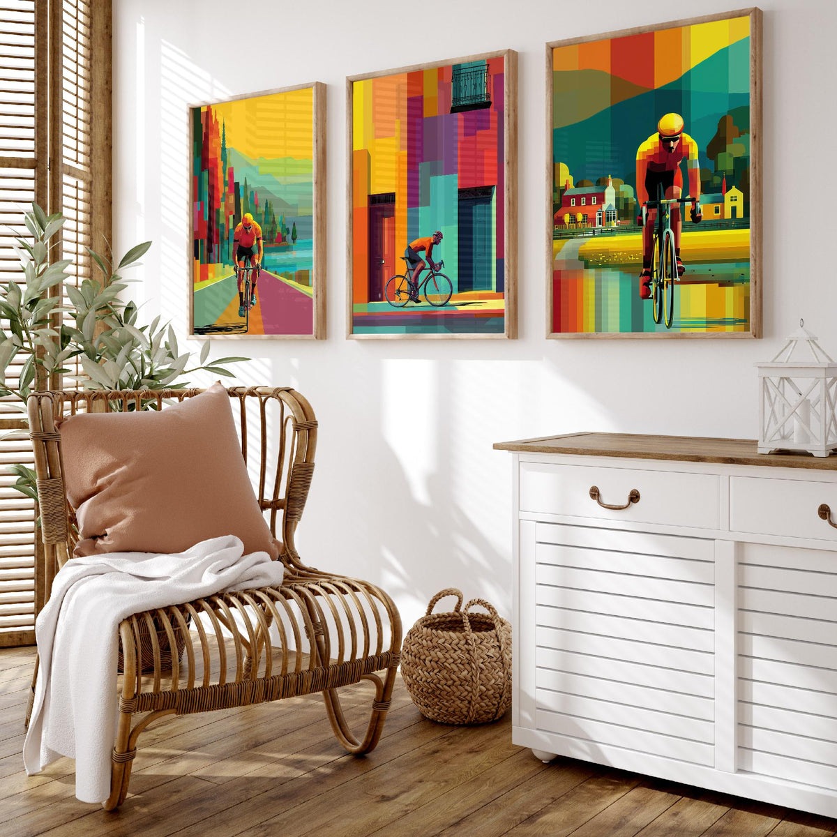 Cycling Set of Three Art Prints - 3 Cyclist Posters - Vibrant Geometric Pixel Bike Wall Art Gift Cycling Illustration