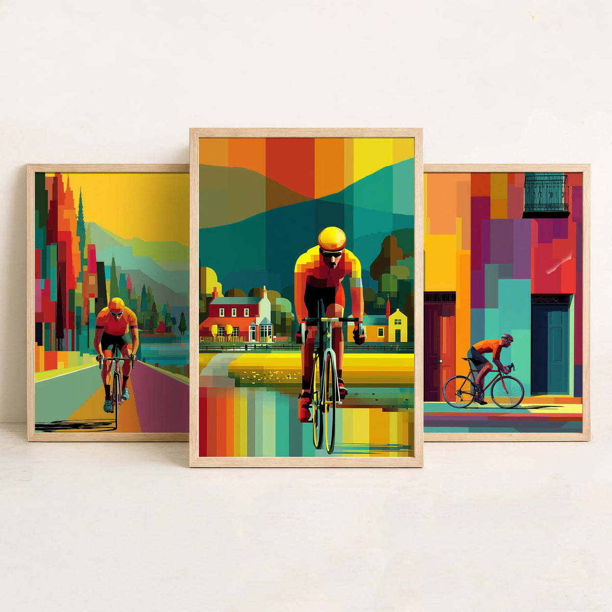 Cycling Set of Three Art Prints - 3 Cyclist Posters - Vibrant Geometric Pixel Bike Wall Art Gift Cycling Illustration