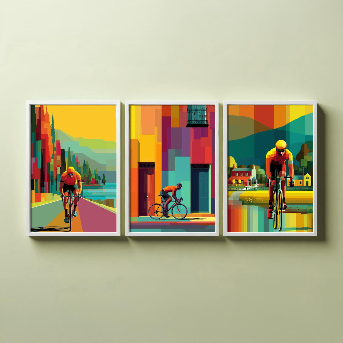 Cycling Set of Three Art Prints - 3 Cyclist Posters - Vibrant Geometric Pixel Bike Wall Art Gift Cycling Illustration