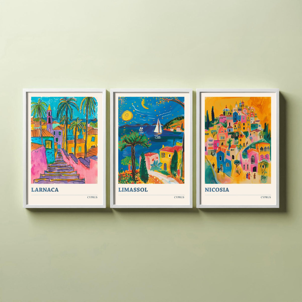 Set of Three Cyprus Travel Posters - Larnaca, Limassol, Nicosia - 3 Vibrant Folk Art Prints - Photo Painting Gift Map
