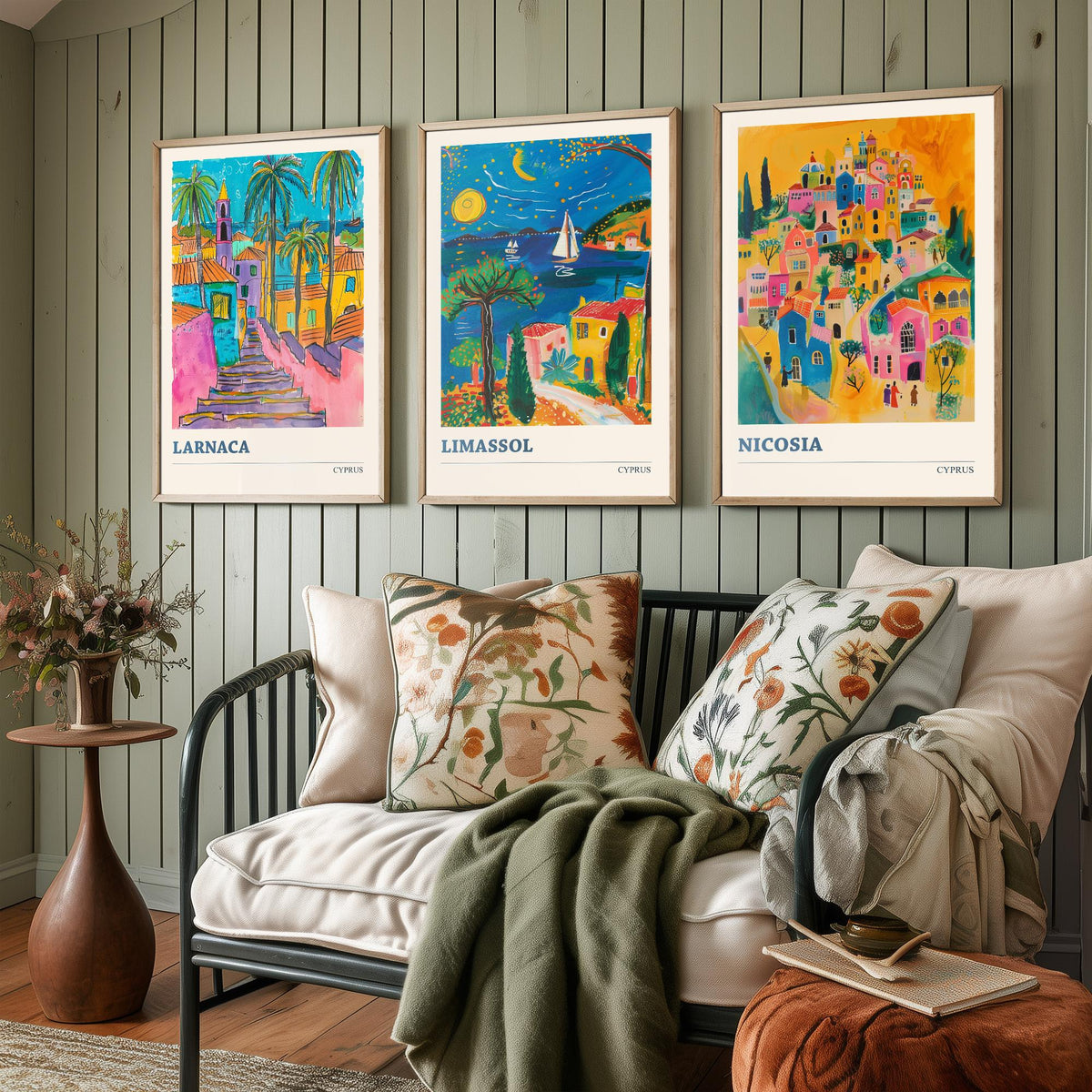 Set of Three Cyprus Travel Posters - Larnaca, Limassol, Nicosia - 3 Vibrant Folk Art Prints - Photo Painting Gift Map