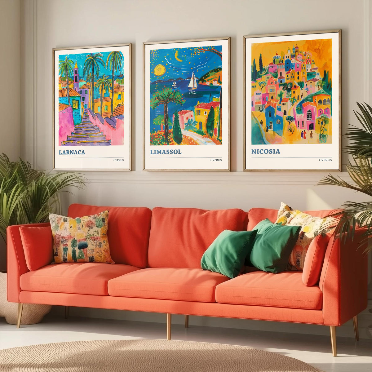 Set of Three Cyprus Travel Posters - Larnaca, Limassol, Nicosia - 3 Vibrant Folk Art Prints - Photo Painting Gift Map
