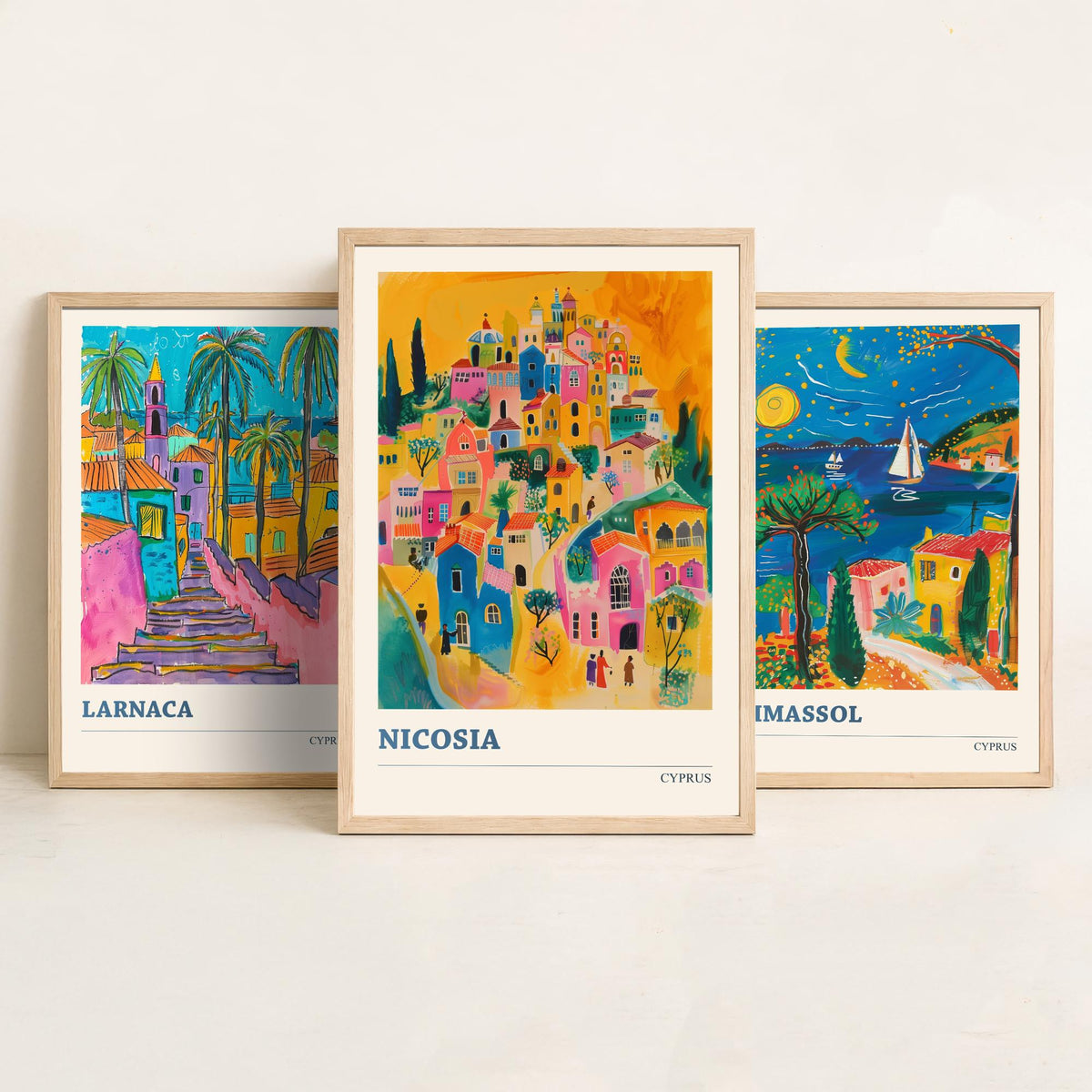 Set of Three Cyprus Travel Posters - Larnaca, Limassol, Nicosia - 3 Vibrant Folk Art Prints - Photo Painting Gift Map