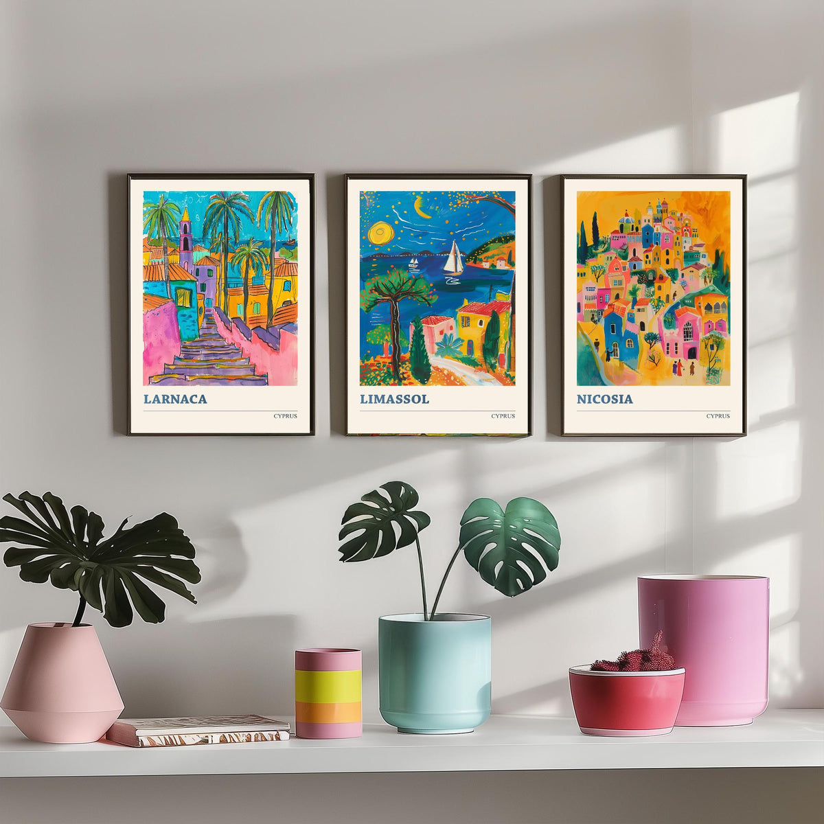 Set of Three Cyprus Travel Posters - Larnaca, Limassol, Nicosia - 3 Vibrant Folk Art Prints - Photo Painting Gift Map