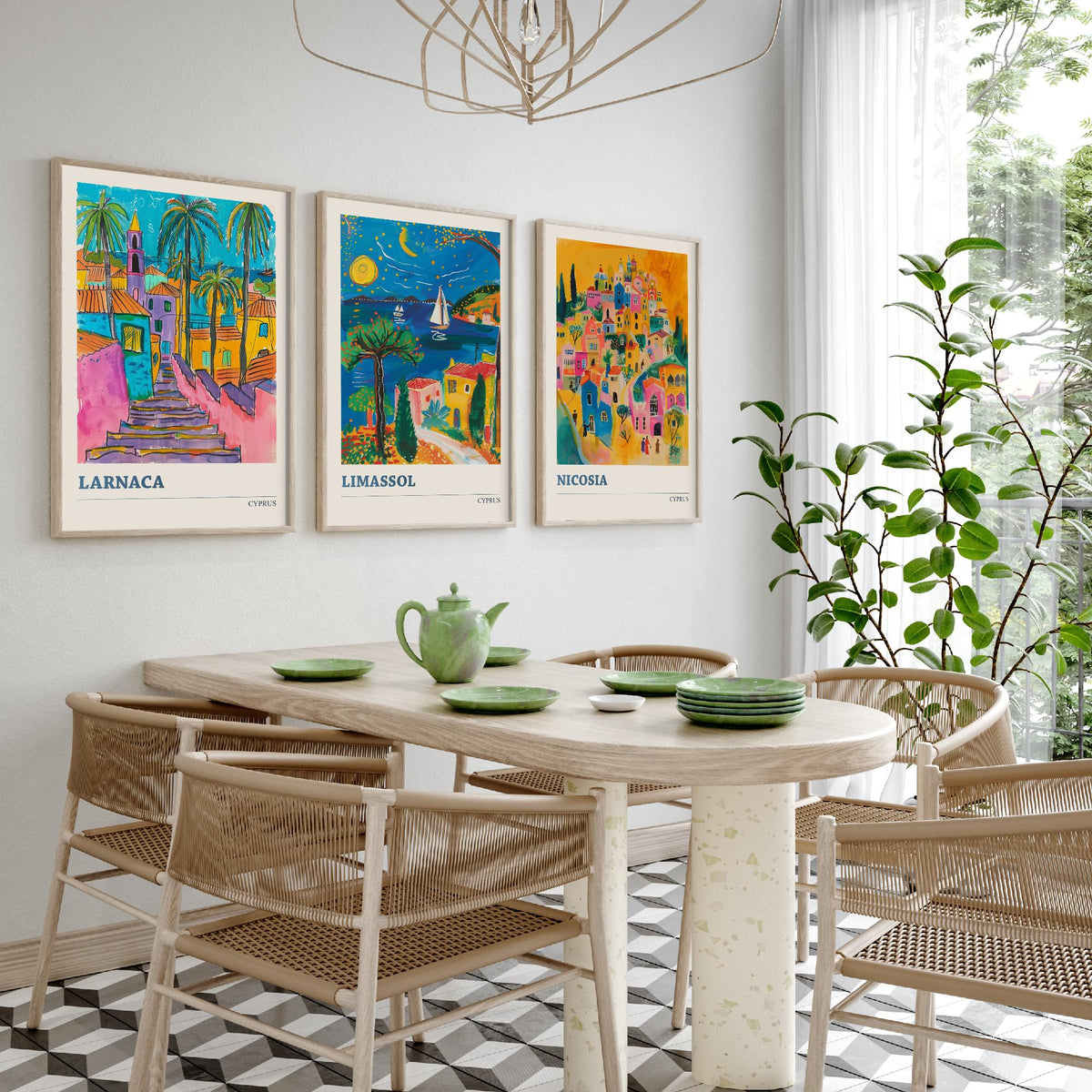 Set of Three Cyprus Travel Posters - Larnaca, Limassol, Nicosia - 3 Vibrant Folk Art Prints - Photo Painting Gift Map