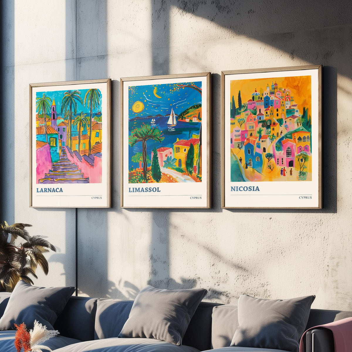 Set of Three Cyprus Travel Posters - Larnaca, Limassol, Nicosia - 3 Vibrant Folk Art Prints - Photo Painting Gift Map