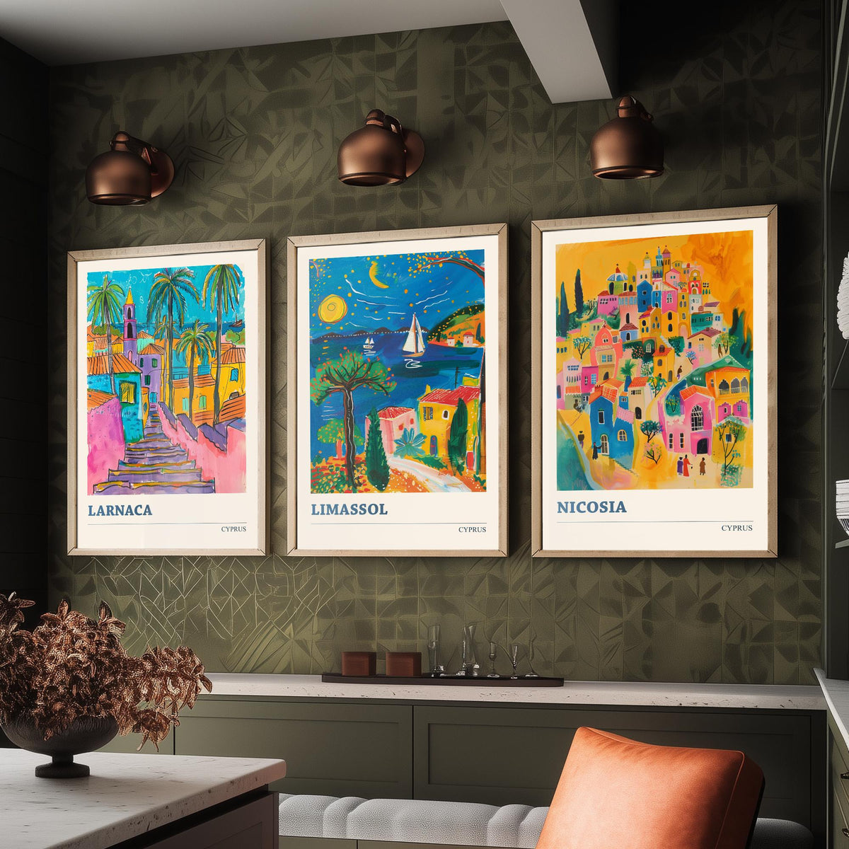 Set of Three Cyprus Travel Posters - Larnaca, Limassol, Nicosia - 3 Vibrant Folk Art Prints - Photo Painting Gift Map