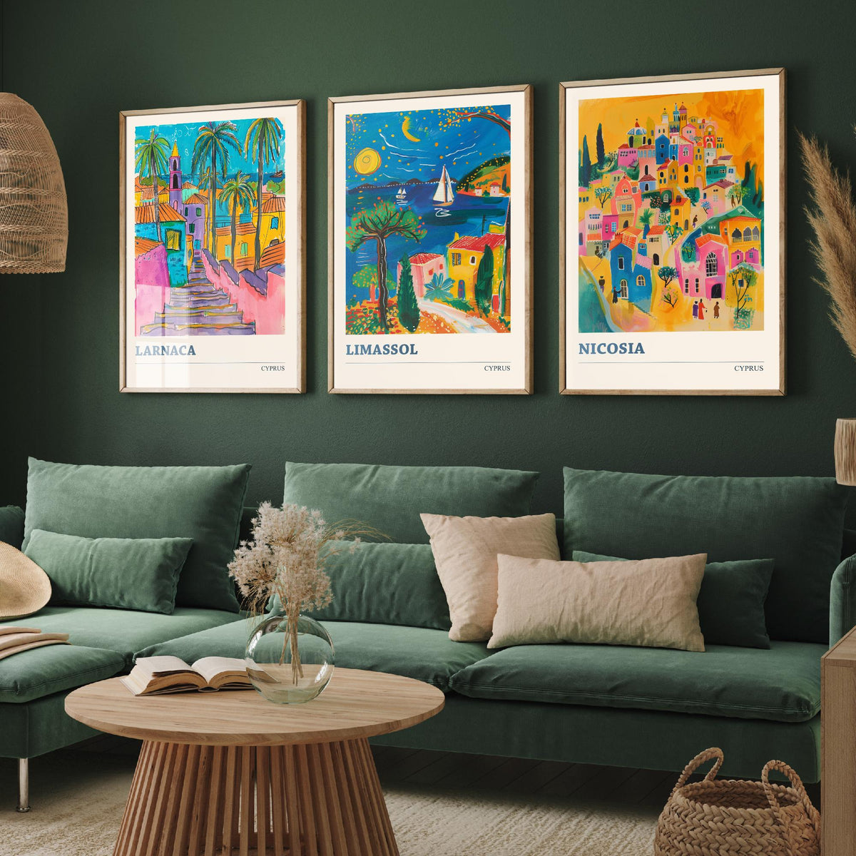 Set of Three Cyprus Travel Posters - Larnaca, Limassol, Nicosia - 3 Vibrant Folk Art Prints - Photo Painting Gift Map