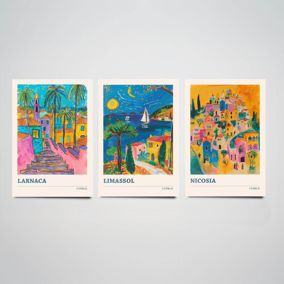 Set of Three Cyprus Travel Posters - Larnaca, Limassol, Nicosia - 3 Vibrant Folk Art Prints - Photo Painting Gift Map