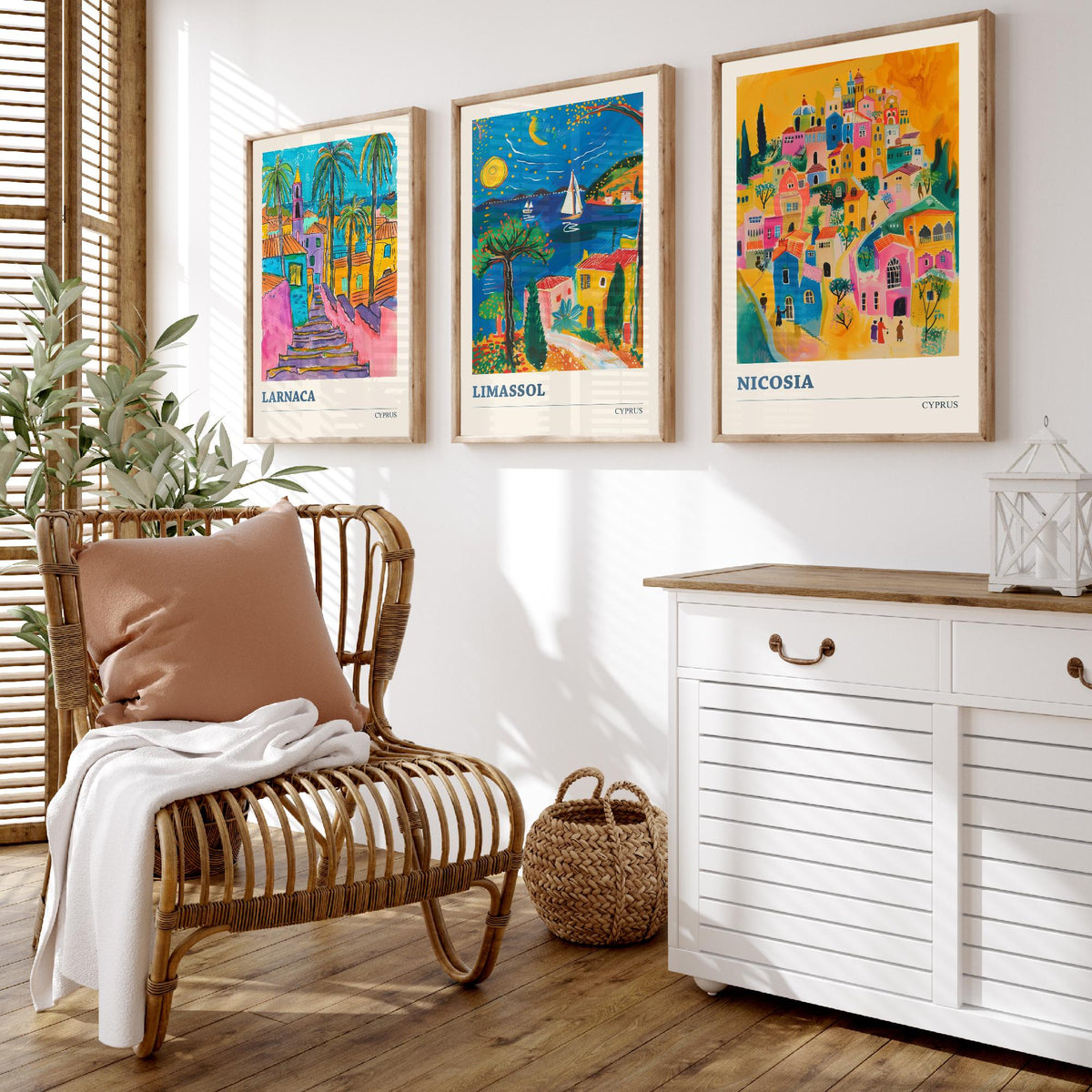 Set of Three Cyprus Travel Posters - Larnaca, Limassol, Nicosia - 3 Vibrant Folk Art Prints - Photo Painting Gift Map
