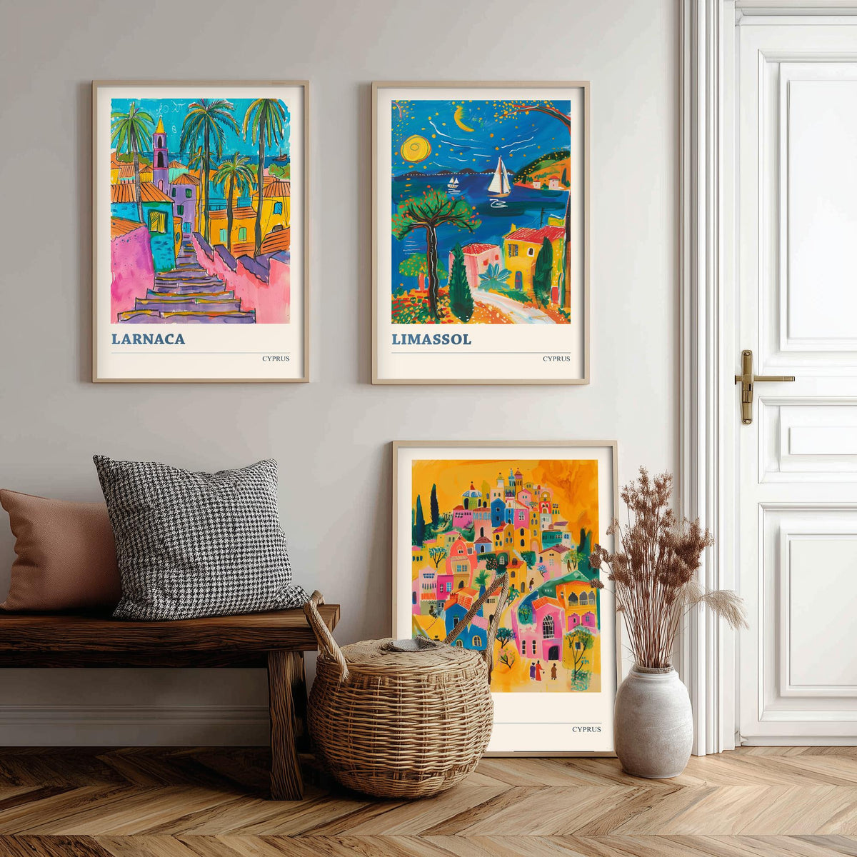Set of Three Cyprus Travel Posters - Larnaca, Limassol, Nicosia - 3 Vibrant Folk Art Prints - Photo Painting Gift Map