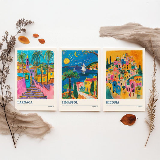 Set of Three Cyprus Travel Posters - Larnaca, Limassol, Nicosia - 3 Vibrant Folk Art Prints - Photo Painting Gift Map