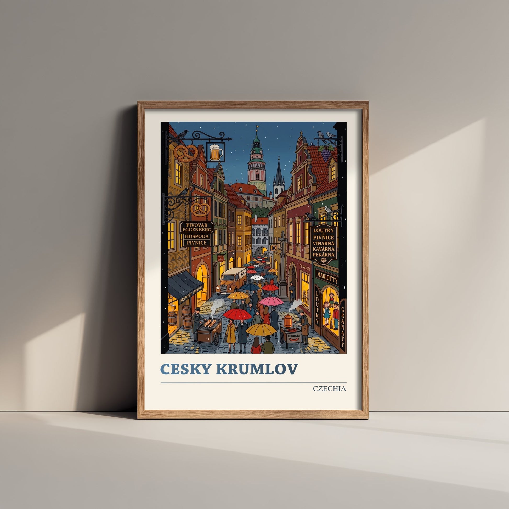 Cesky Krumlov Travel Poster - Czech Old Town Folk Art Illustration - Castle Tower and Rainy Lane Art Print 1/3